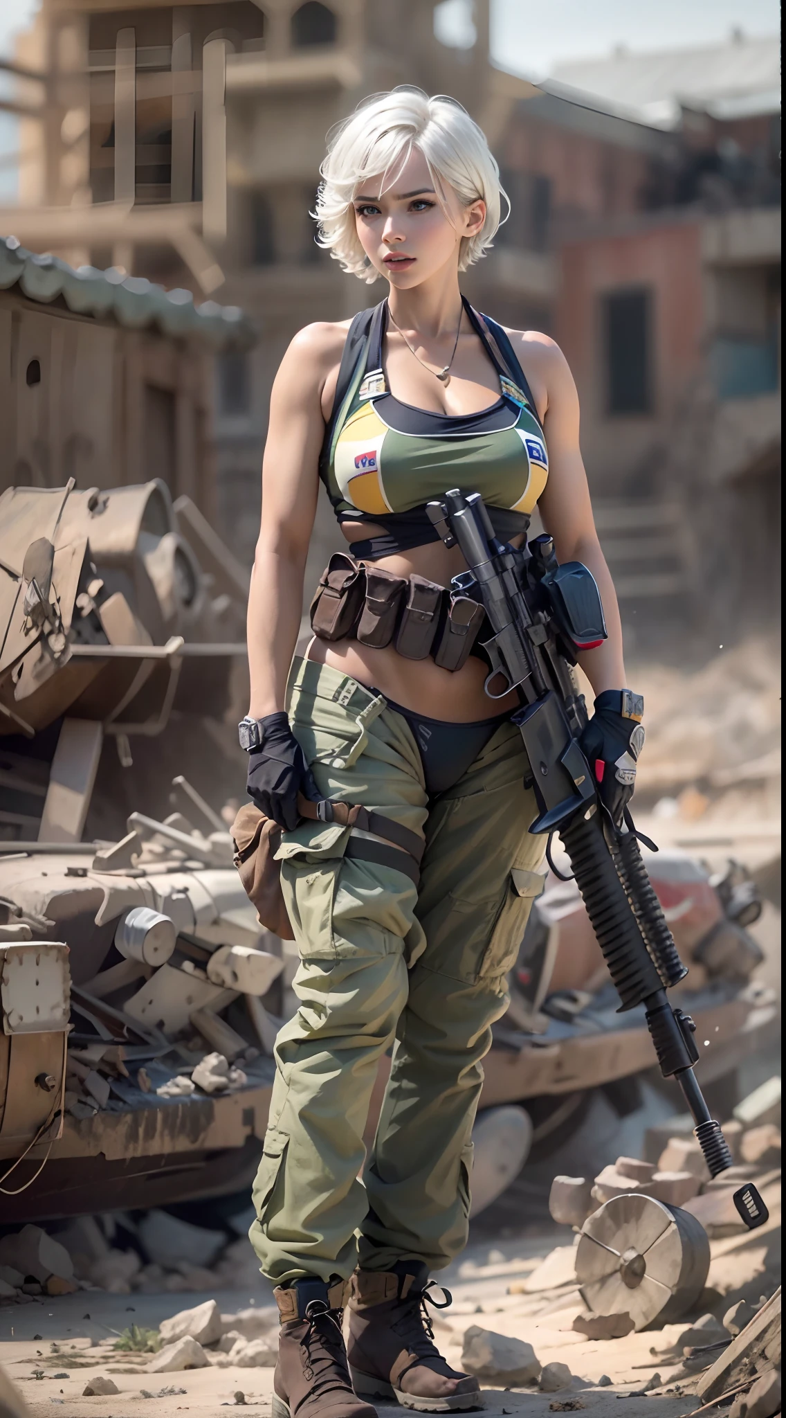 motor irreal:1.4,CG ultra realista 64K, fotorrealista:1.4, textura de la piel:1.4, obra 1girl wearing bikini ,gatling gun,  shell casing, looking at viewer, bangs, ammunition belt, gloves,saggy breasts,firing,In the picture, a beautiful girl wearing bikini with short hair with white messy hair appears，seeing viewers, delicate face Wearing a bikini metal，standing on ruins，The action of a woman holding a heavy sniper rifle in her hand