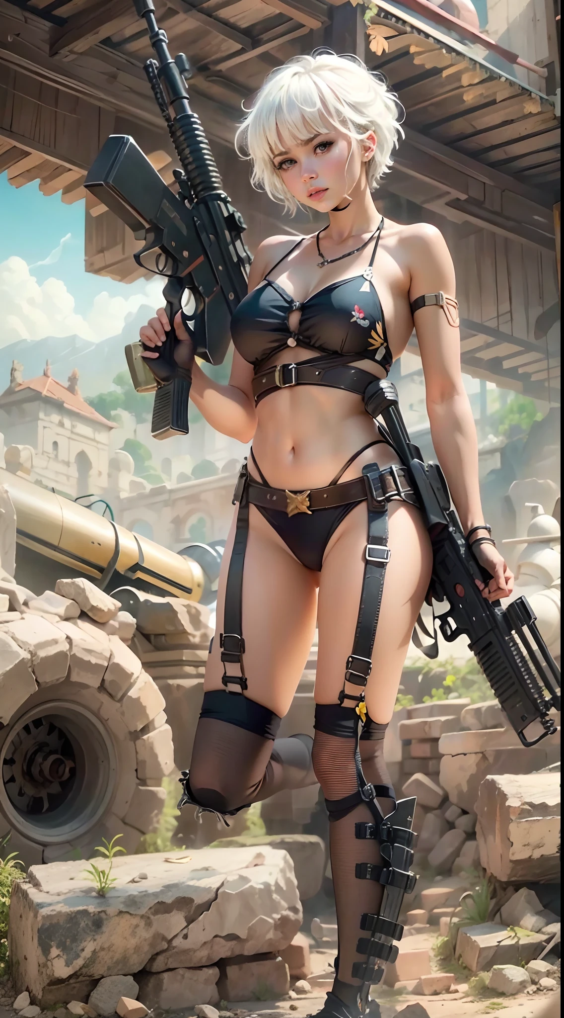 motor irreal:1.4,CG ultra realista 64K, fotorrealista:1.4, textura de la piel:1.4, obra 1girl wearing bikini ,gatling gun, shell casing, looking at viewer, bangs, ammunition belt, gloves,saggy breasts,firing,In the picture, a beautiful girl wearing bikini with short hair with white messy hair appears,seeing viewers, delicate face Wearing a bikini metal,standing on ruins,The action of a woman holding a heavy sniper rifle in her hand
