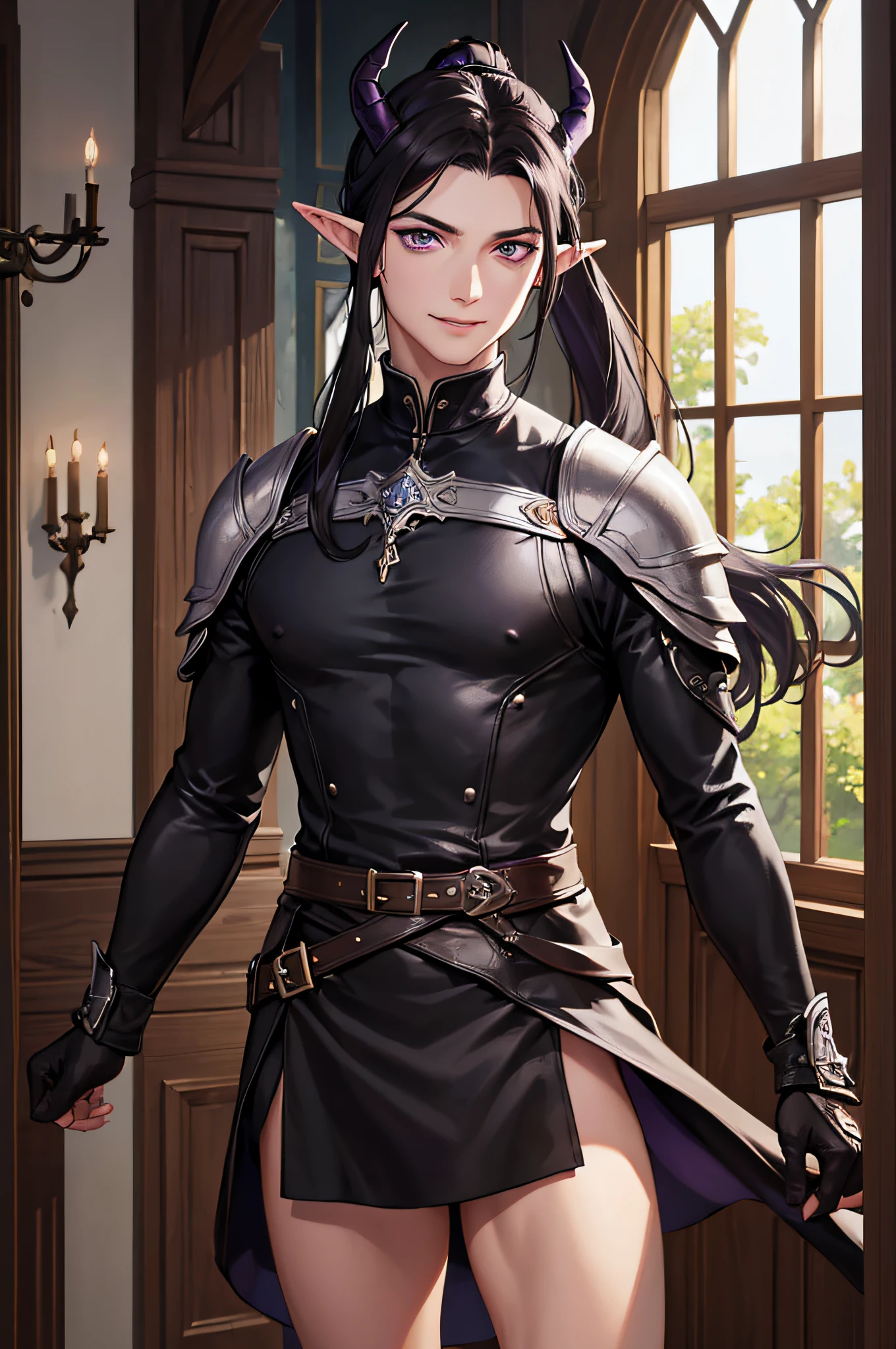 (masterpiece), best quality, ultra-high resolution, ((one man)), boy, male, elegant, expresive eyes, perfect face, half body, looking at viewer, dutch angle, cowboy shot, (long black hair), ponytail, (purple eye color), long elf like ears, two long demon horns on the head, leather armor, Clothing for the Middle Ages, assasin, dagger, light smile, detailed background, Extreme Detailgenauigkeit, 4K