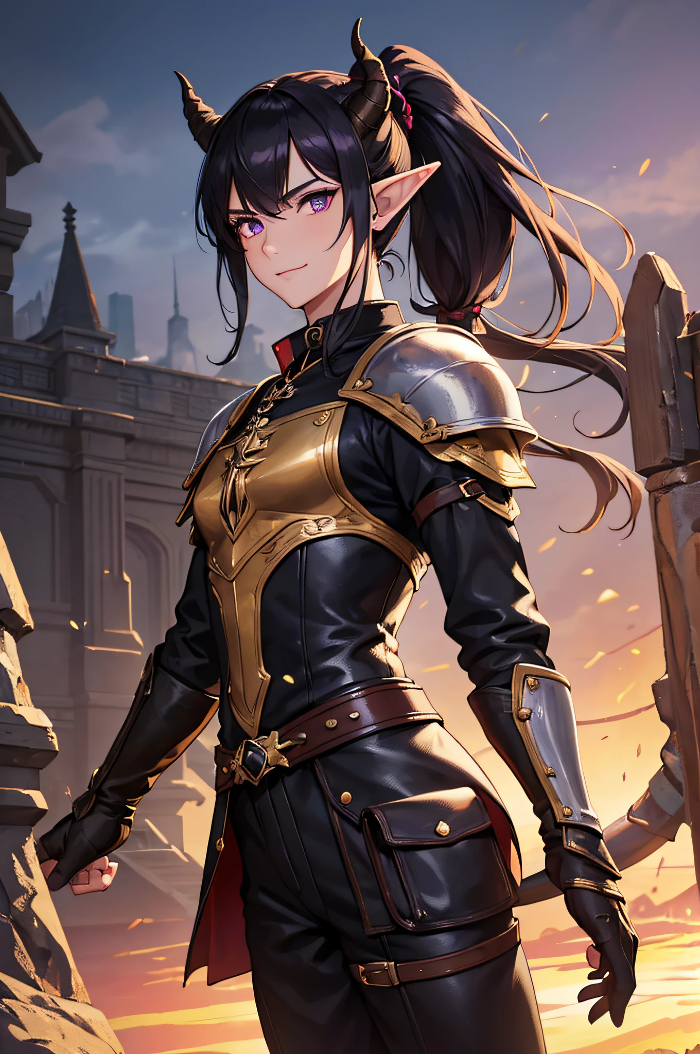 (masterpiece), best quality, ultra-high resolution, ((one man)), boy, male, elegant, expresive eyes, perfect face, half body, looking at viewer, dutch angle, cowboy shot, (long black hair), ponytail, (purple eye color), long elf like ears, two long demon horns on the head, leather armor, Clothing for the Middle Ages, assasin, dagger, light smile, detailed background, Extreme Detailgenauigkeit, 4K