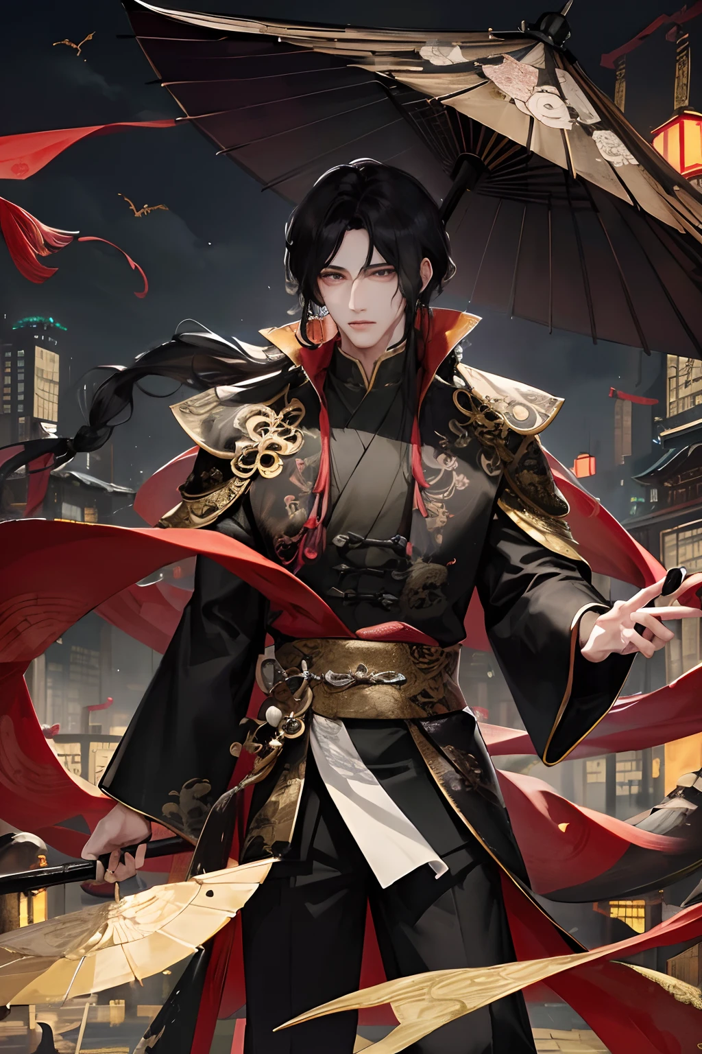 Masterpiece, Excellent, Outdoor, Night, Dead Moon, City, 1 Male, Chinese Style, Ancient Chinese, Black Hair, Black Eyes, Long Split Hair, Long Bangs, Handsome, Masculine, Gentle, Tall, Calm, Colorful Clothes, Dragon Pattern Prince, Umbrella