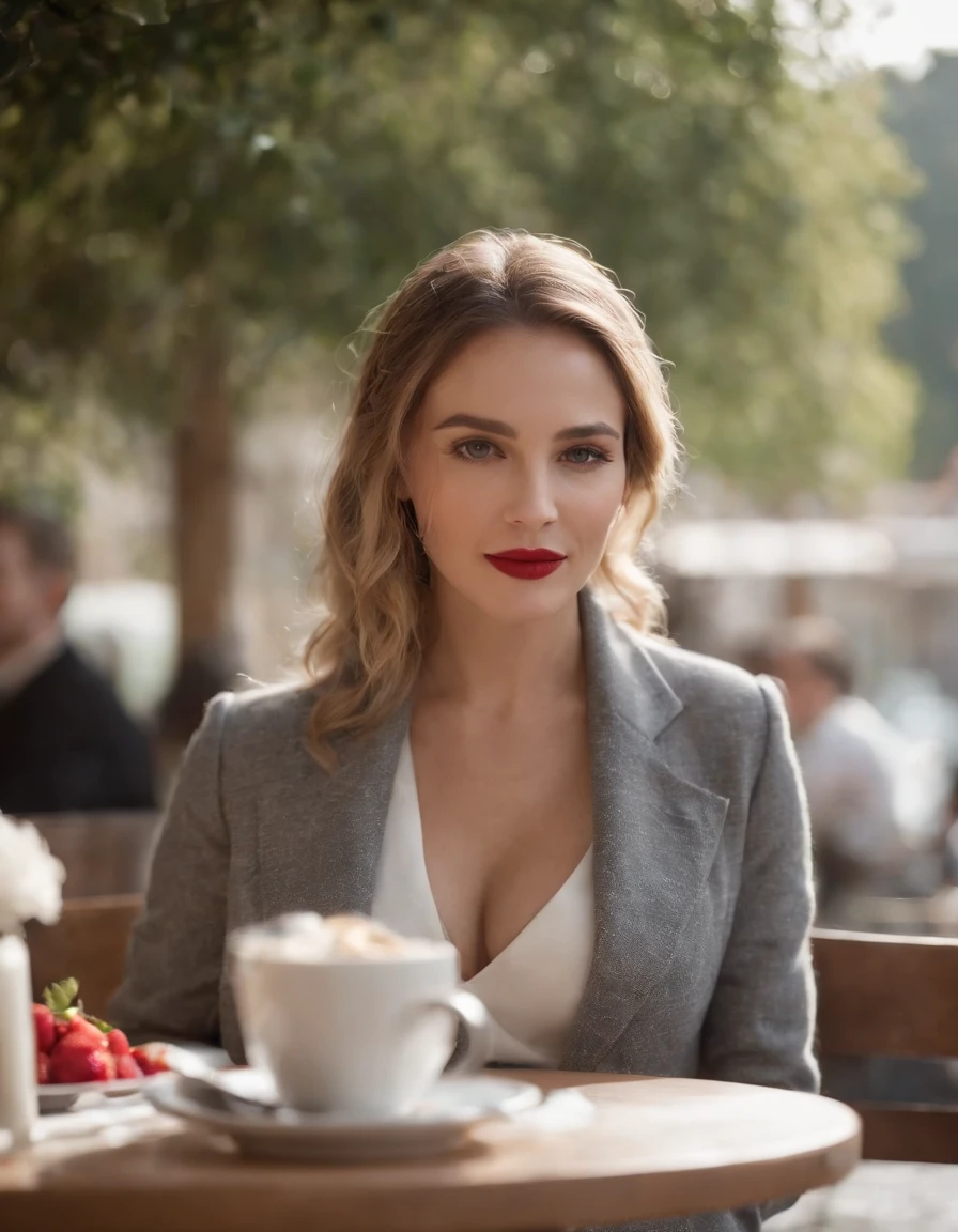, mid closeup, Canon EF 85mm f/1.2L II USM, A woman is sitting with her coffee in a restaurant，（Put your hands under the table）， with a COAT OF MEDICA and red lips, emphasis on facial expression, Moda de rua