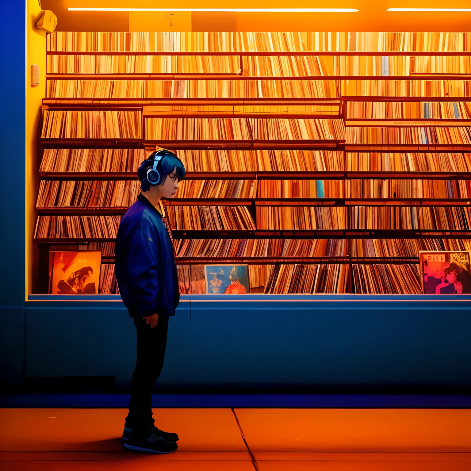 There's a man standing in front of a wall with a shelf of records, menina em uma loja de discos, Discos musicais, style hybrid mix of beeple, nostalgic vibes, discos de vinil, Most High Fidelity, lofi vibrations, cyberpunk with neon lighting, Foto vencedora do concurso Unsplash, imagem synthwave, a person standing in front of a, spinning records