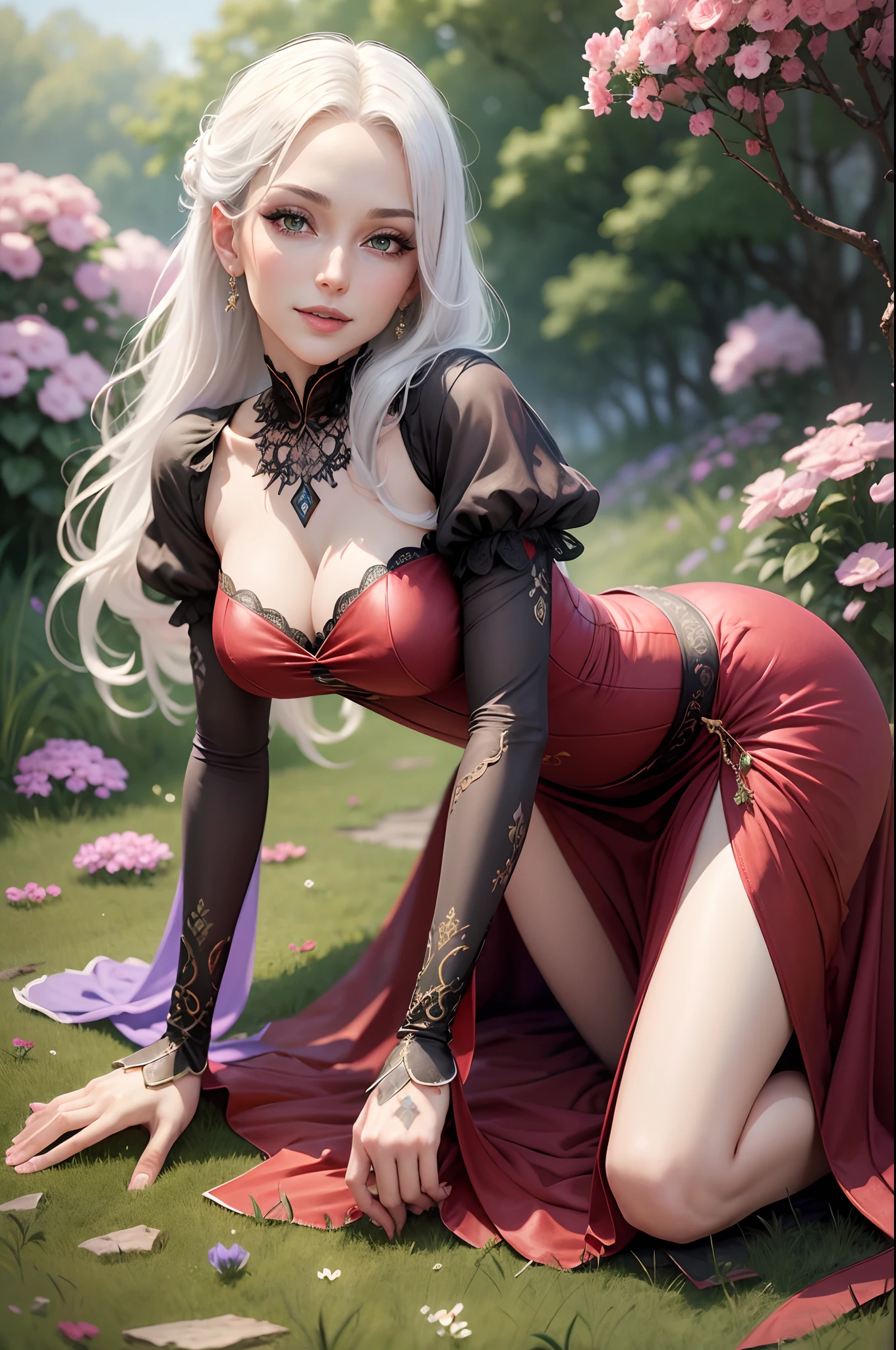(best quality,4k,8k,highres,masterpiece:1.2),ultra-detailed,realistic:1.37,character:illyasviel von einzbern,female,beautiful detailed eyes,beautiful detailed lips,extremely detailed eyes and face,long eyelashes,mature adult,MILF with good curves,white hair,slender body,graceful posture,stunning outfit,red silk dress,flowing fabric, kneeling in a lush garden,lush green grass,colorful flowers,scenic background,soft natural lighting,vivid colors,painting-like quality,anime style,happy expression