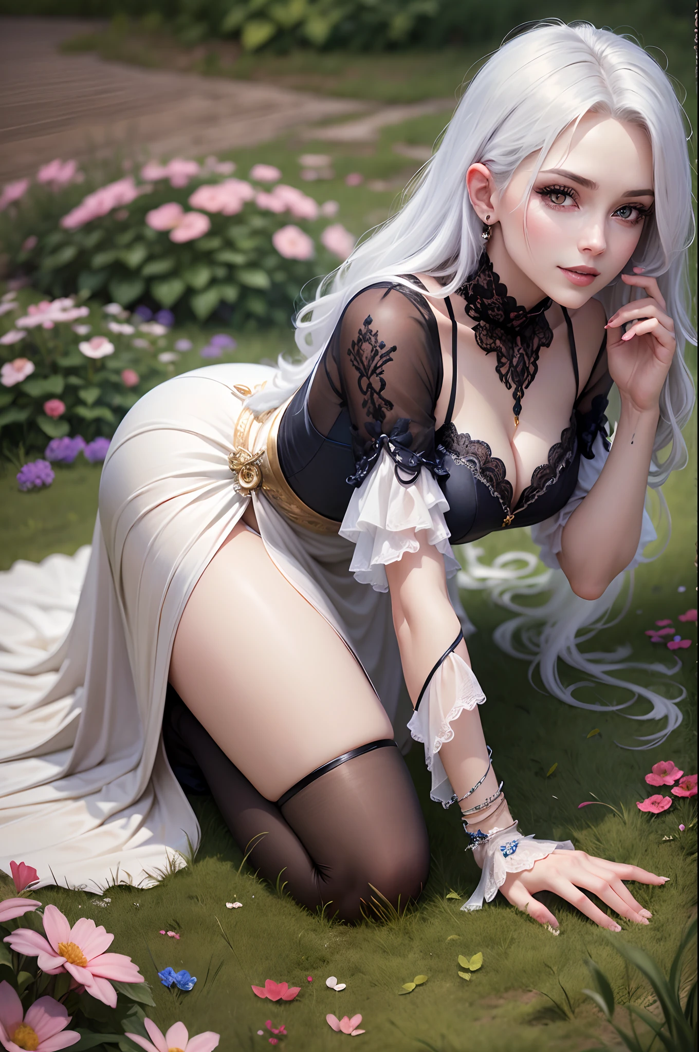 (best quality,4k,8k,highres,masterpiece:1.2),ultra-detailed,realistic:1.37,character:illyasviel von einzbern,female,beautiful detailed eyes,beautiful detailed lips,extremely detailed eyes and face,long eyelashes,mature adult,MILF with good curves,white hair,slender body,graceful posture,stunning outfit,red silk dress,flowing fabric, kneeling in a lush garden,lush green grass,colorful flowers,scenic background,soft natural lighting,vivid colors,painting-like quality,anime style,happy expression