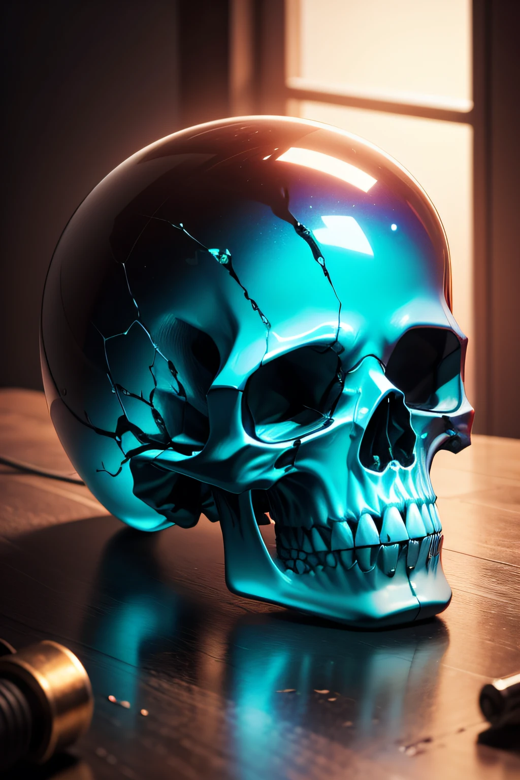 Create an image of a skull with the brain exposed, in a cyberpunk environment and neon white and purple colors with blue gray and a high contrast dark background