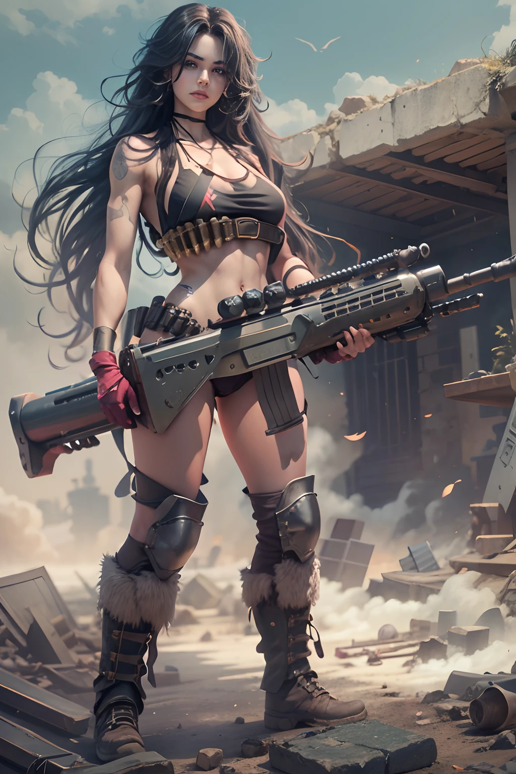 motor irreal:1.4,CG ultra realista 64K, fotorrealista:1.4, textura de la piel:1.4, top 1girl wearing bikini ,gatling gun, shell casing, looking at viewer, bangs, ammunition belt, gloves,saggy breasts,firing,In the picture, a beautiful girl wearing bikini with long hair with black messy hair appears,s delicate face,Wearing a bikini metal,standing on ruins,The action of a woman holding a heavy sniper rifle in her hand