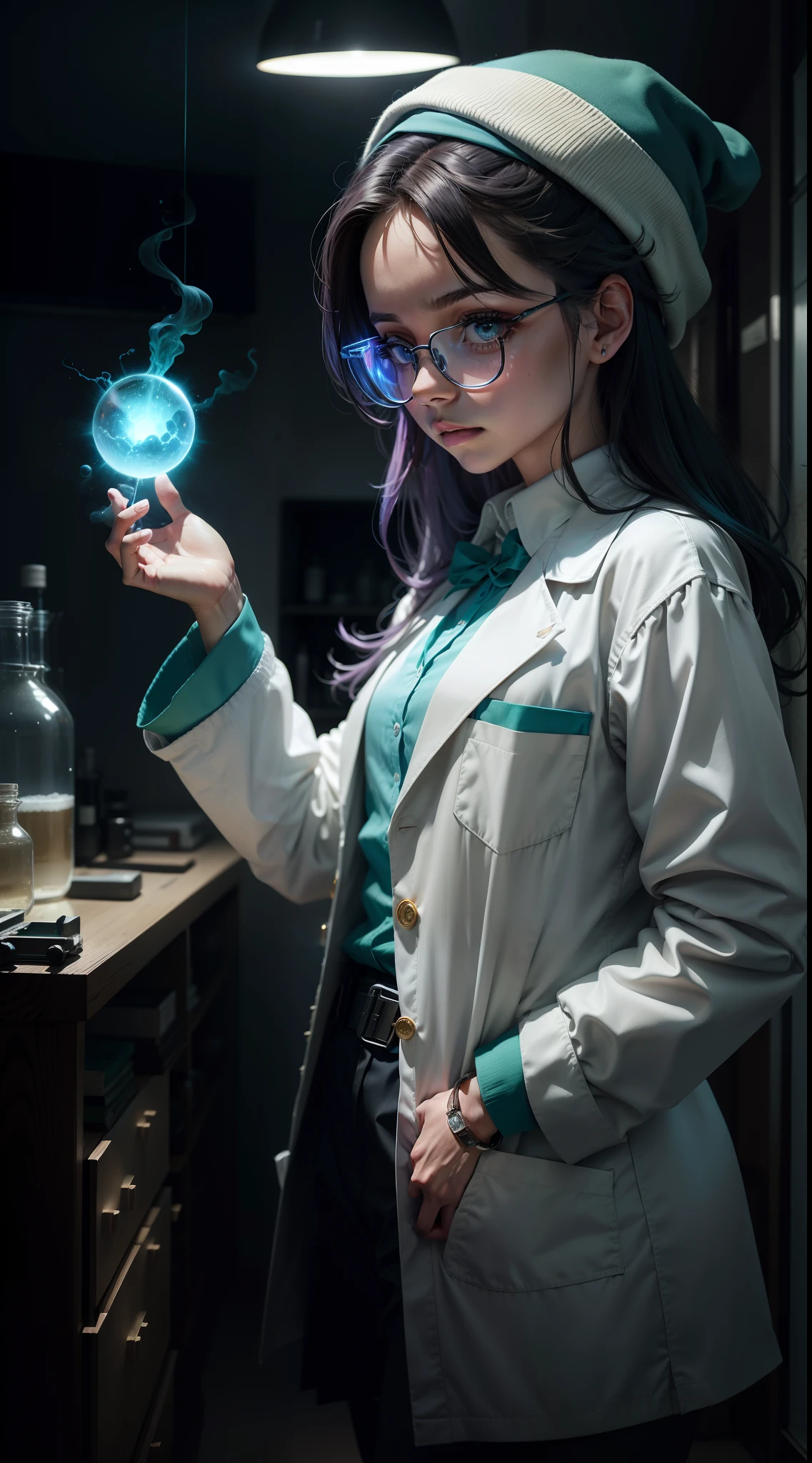A mad scientist conducts crazy experiments in a dimly lit laboratory, Tubos de ensayo burbujeantes. [ciencia:1.1], [mad scientist], [laboratorio]. The scientist wore a white lab coat and glasses. [bata blanca de laboratorio], [gafas protectoras]. The lab is full of strange devices, Spark Line, and mysterious liquids. [Strange device], [Spark Line], [Mysterious liquid]. The intense gaze of the scientists was both excited and crazy..... [Mirada fuerte], [euphoric], [locura]. La obra de arte tiene un estilo detallado y realista, Features high-resolution textures and vibrant colors. (La mejor calidad, A high resolution:1.2), (realista,fotorrealista:1.37), [Estilo meticuloso y realista], [high resolution texture], [vivid colors]. El tono general es apagado e impermanente, Con un toque de verde y azul. [oscuro y malhumorado], [verde y azul]. The lighting is dramatic, Proyectar una larga sombra，Emphasize the mysterious atmosphere. [Dramatic lighting], [Sombras largas], [Ambiente espeluznante].