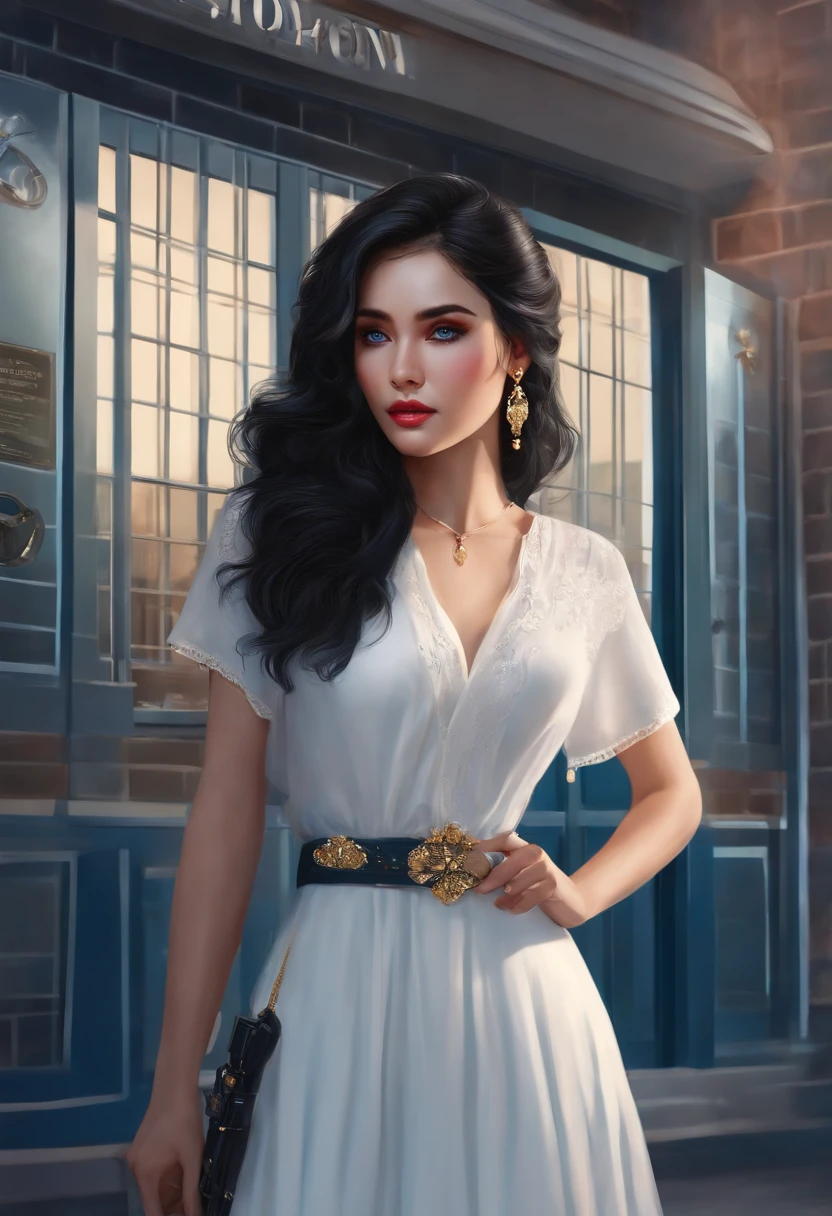 1 woman, black hair, blue pupils, delicate face, cute, love earrings, white dress, standing in front of the police station, surreal, furry