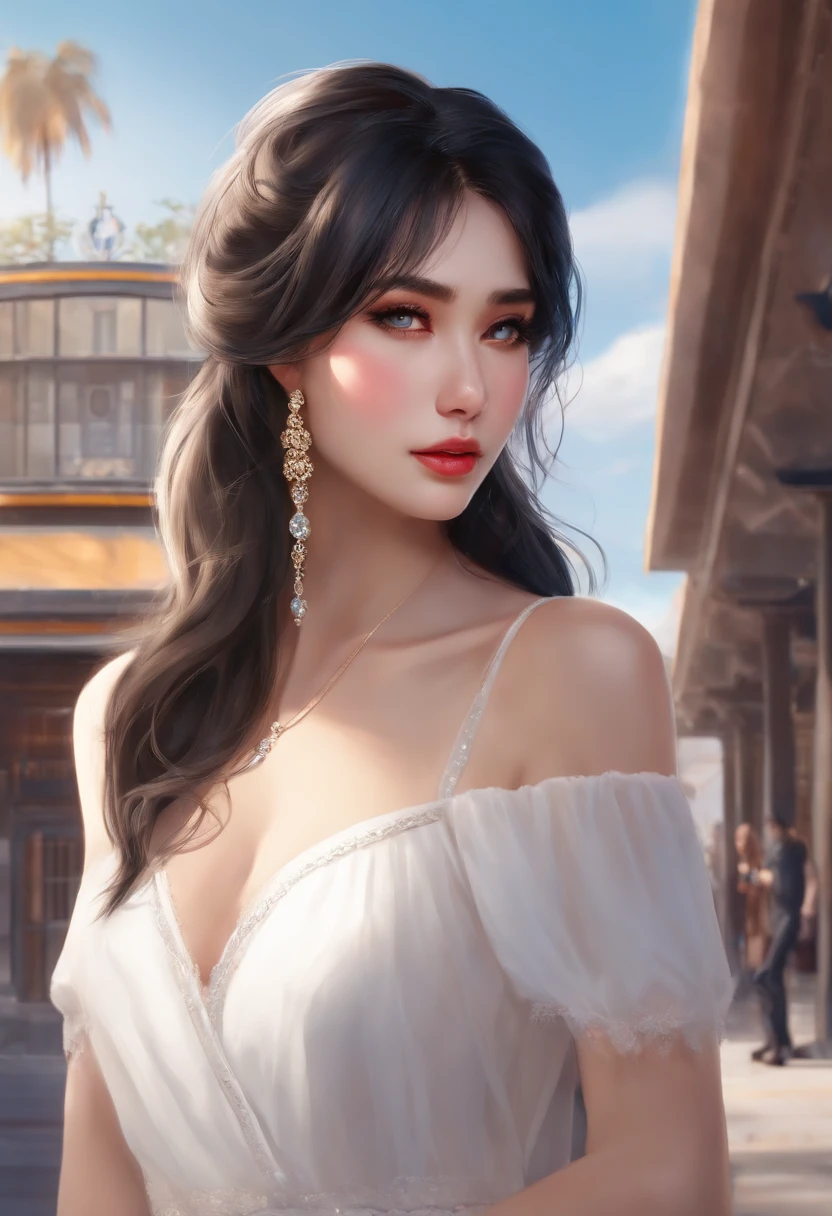 1 woman, black hair, blue pupils, delicate face, cute, love earrings, white dress, standing in front of the police station, surreal, furry
