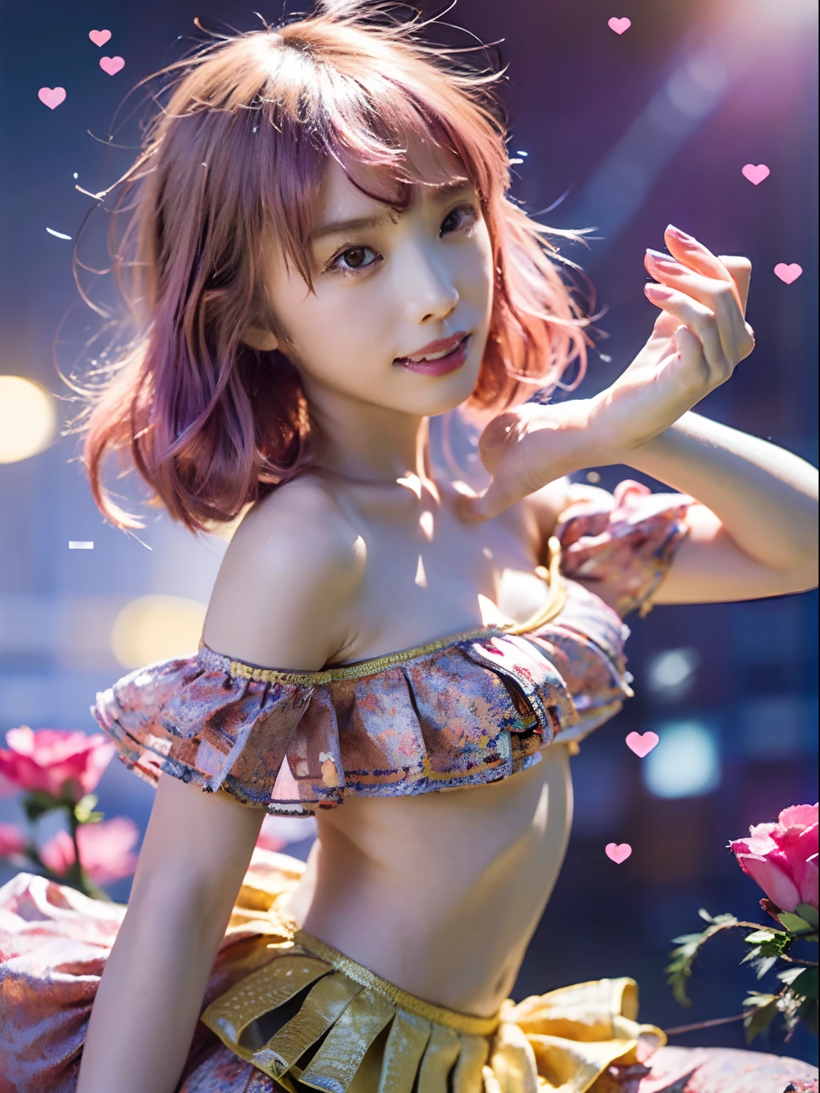 1girl, realistic, (looking at viewer:1), (ulzzang-6500:0.66), thighs, bare legs, dappled sunlight, best quality, ultra high res, (photorealistic:1.4), YaeMiko, fox ears, short hair, pink hair, yae_sakura, jewelry, cherry blossoms, (smile:1), bare_shoulders, hair_ornament, purple_eyes, , detached_sleeves, , detailed eyes,, (light smile:1), , (small breasts:1.4), , (bare upper body:1.4), , (puffy nipples:1),, arms behind back,