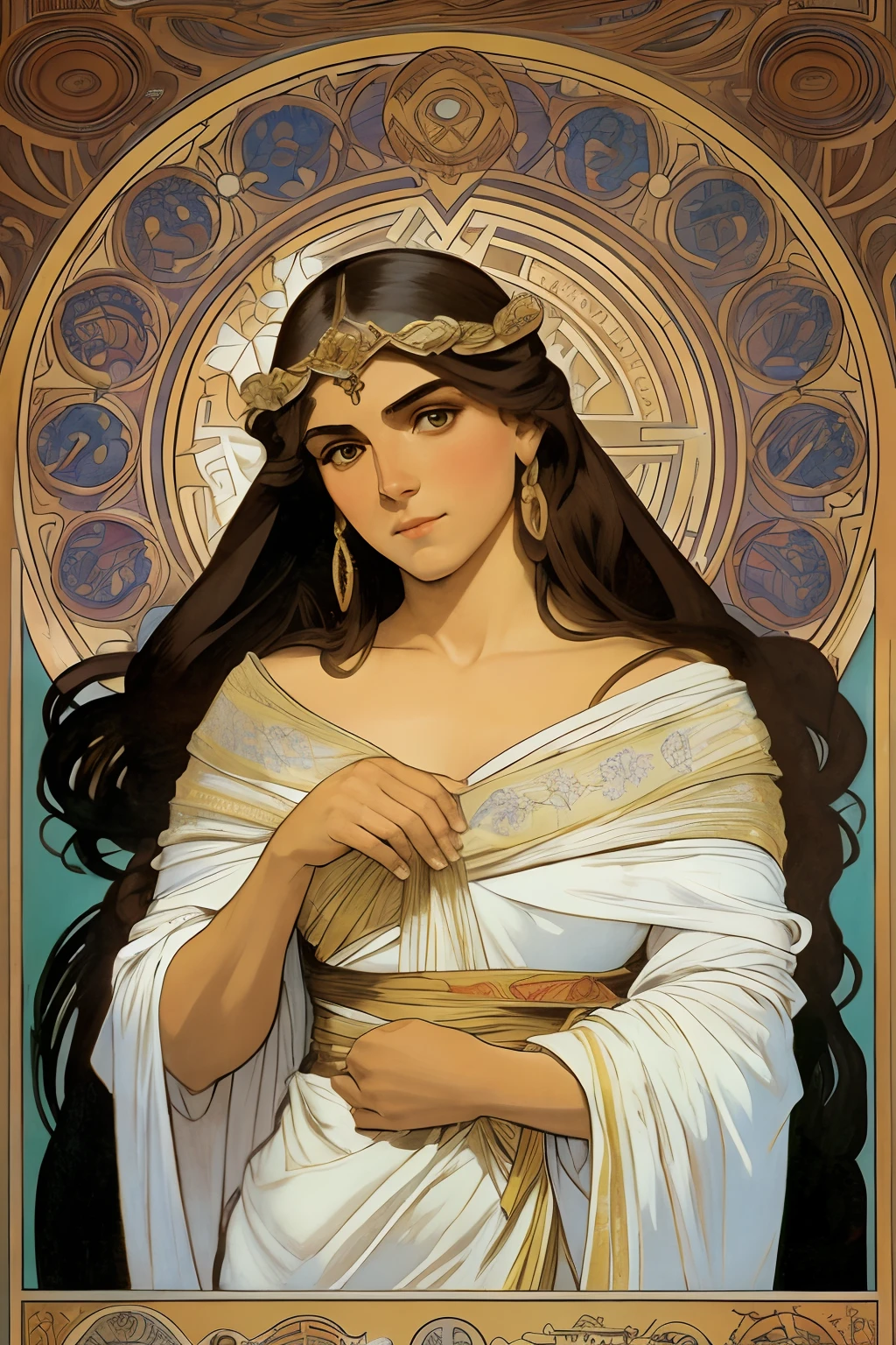 Arte John Buscema,Retrato do rosto de uma mulher europeia , cabelos longos e cacheados, 鎖骨, Branco, moldura floral, painel decorativo, abstrair, cintura, Hanfu,
realismo, arte, Alphonse Mucha
(master part, best quality, high resolution: 1.4), detalhe, detalhes intrincados, 4k, salpicos de cor, artee de linha, Fibonacci,