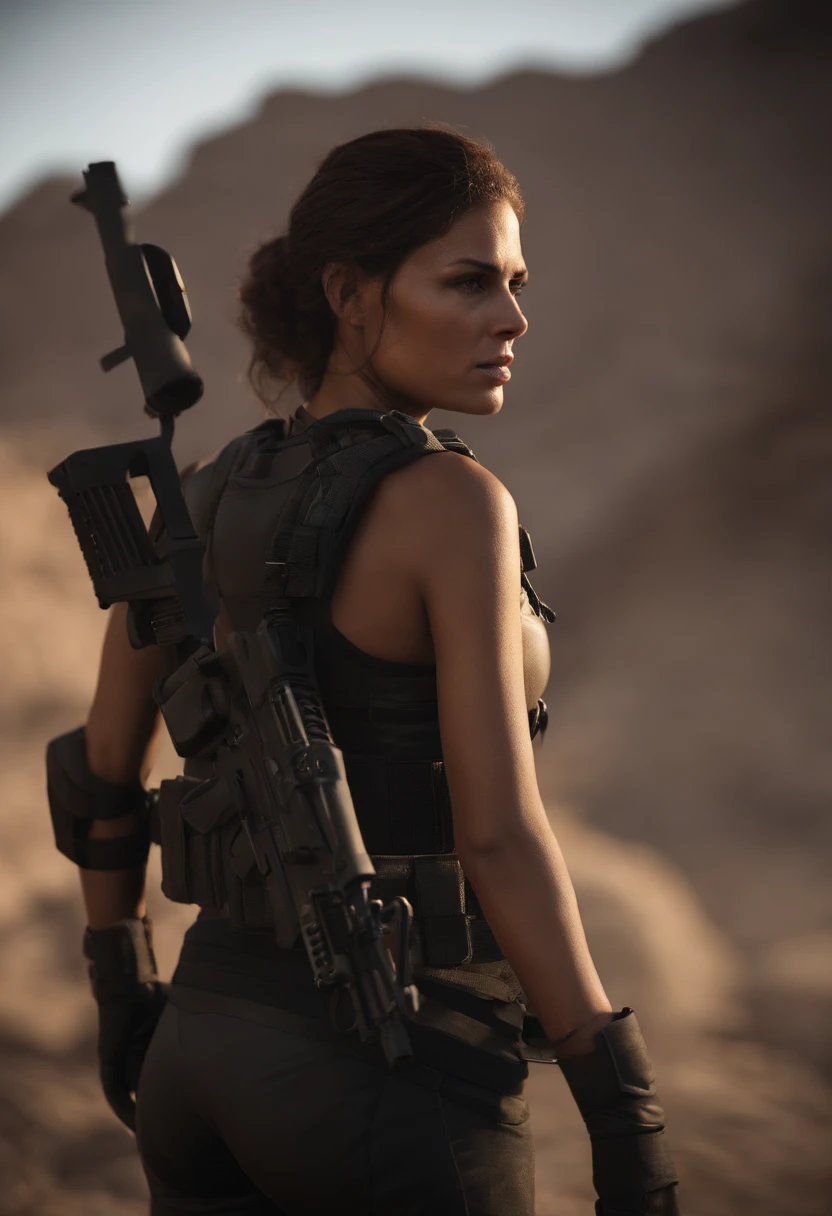 Gere uma imagem  detalhada da personagem Mara, also known as 'Mara Death Dealer', do jogo Call of Duty: Modern Warfare. Describe its appearance, in a bikini, corpo escultural, flowing hair, equipamento, personality and any other relevant information that makes her an iconic character in the game."