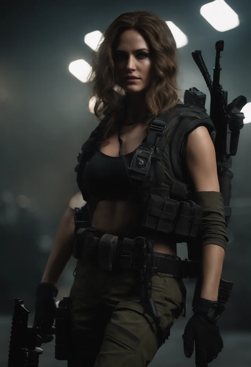 Gere uma imagem detalhada da personagem Mara, also known as 'Mara Death Dealer', do jogo Call of Duty: Modern Warfare. Describe its appearance, in a bikini, corpo escultural, flowing hair, equipamento, personality and any other relevant information that makes her an iconic character in the game."