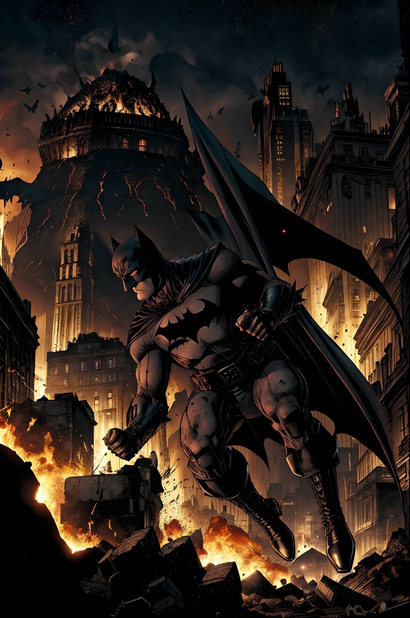 Hitler levanta dos mortos e destroi Gotham city com bombas e raios, ceu azul e estrelado, only one Batman punches hitler and starts the fight... sangue nas ruas e paredes, fig coming out of the ground ds Gotham, lots of volcano lava coming out of the ground