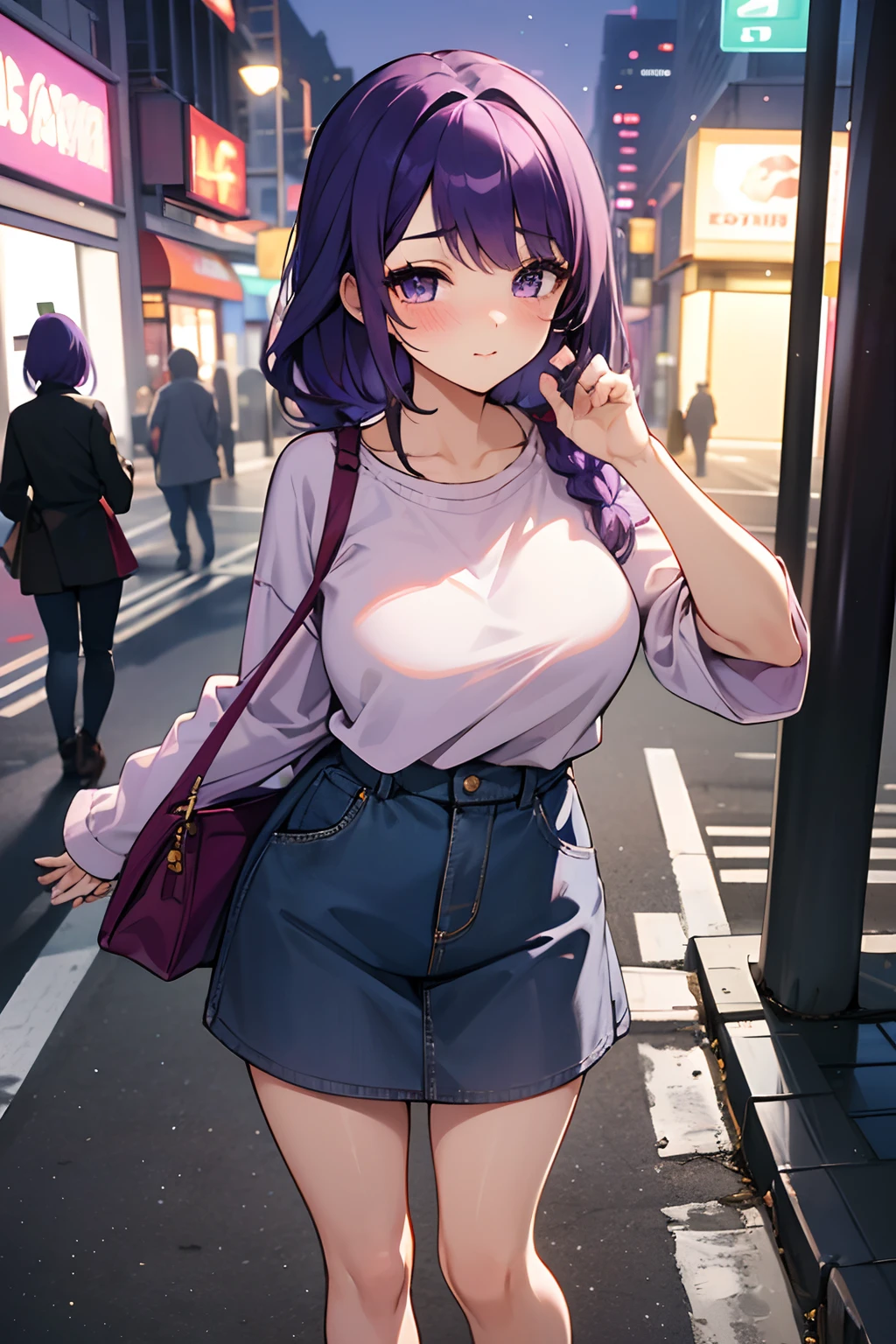 SFW, masterpiece, standing (woman 1), (((cute pose)), ((casual clothes))), purple, purple hair, cute blush, (city), wind, blush, ((milf)), night, (((busy street))), perfect hands, purse, braid