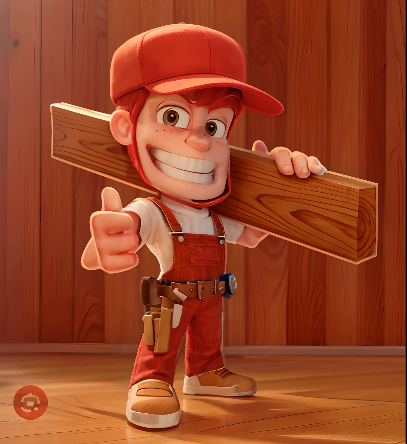 Carpenter guy, has red hair, freckles, carrying hardwood flooring, sunny bright background, standing in front of a house.