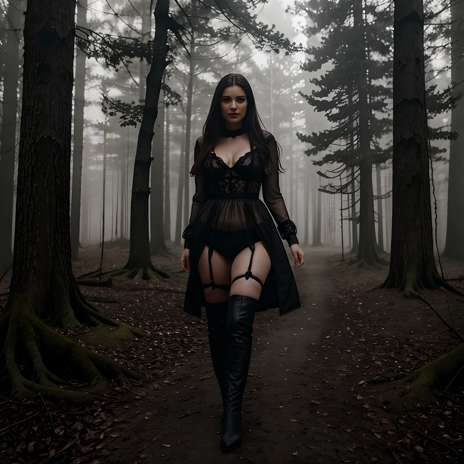 Full body photography of a stunning woman named Nicola, she is a lingerie model taking a sexy photoshoot, Nicola is approximately 5'4" with an athletic hourglass figure and full bust, today's photoshoot Nicola is a fearless influencer standing at the entrance of a haunted forest under a moonless, misty night. She's dressed in dark, practical attire, ready to venture into the eerie woods. The gnarled trees are shrouded in mist, their branches creating eerie silhouettes. Flickering lanterns hanging from the trees provide the only source of light, casting long, haunting shadows. The influencer's expression is a mix of curiosity and trepidation as she takes her first steps into the foreboding darkness. Capture the spine-chilling atmosphere of a haunted forest adventure. Intense look and makeup, smiling, looks into the camera, symmetrical eyes, symmetrical face, photorealistic, photography, path tracing, specular lighting, volumetric face light, path traced hair, visible shadows, intricate, elaborate, hyper realistic