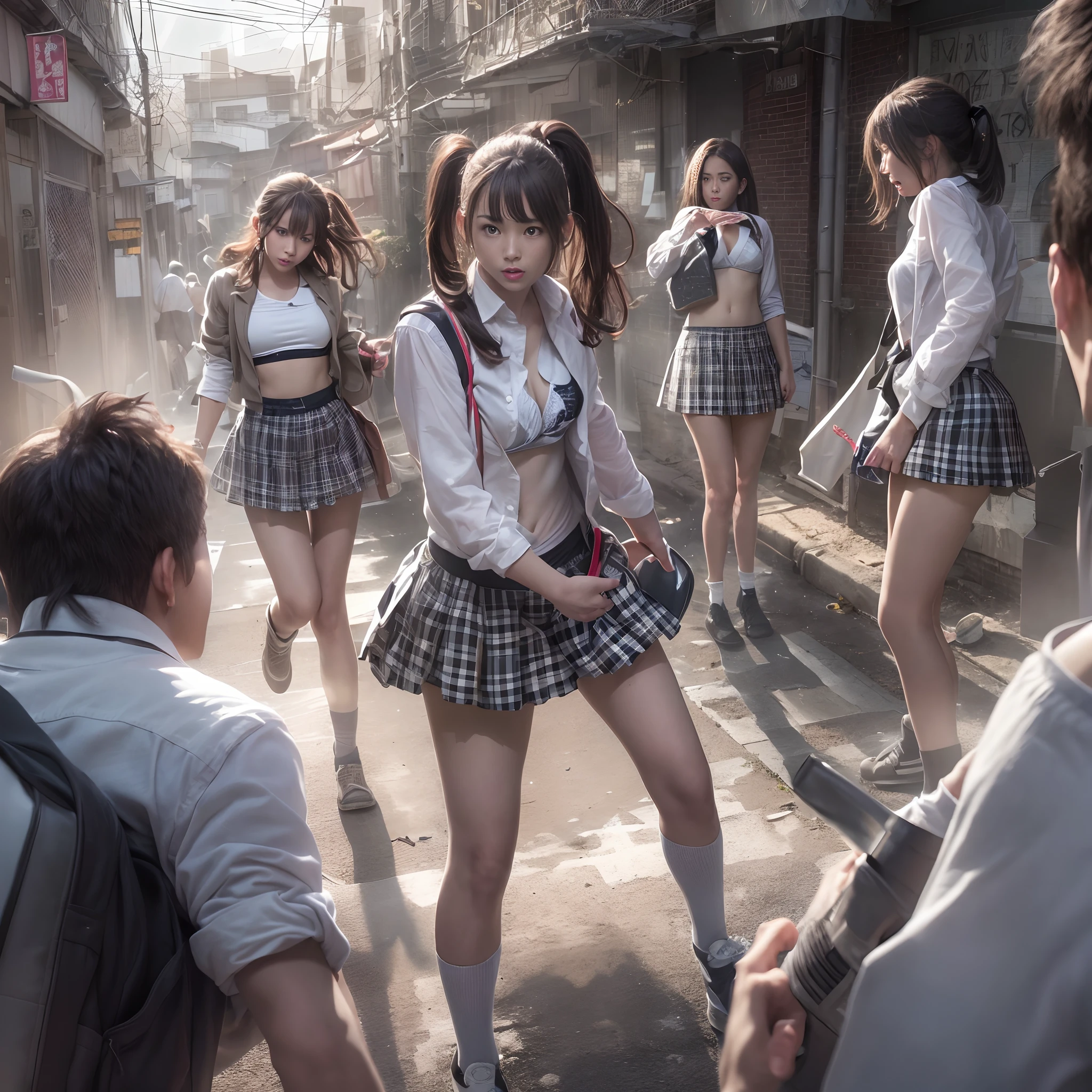 (((nffsw))), (((masutepiece))), (((8K))), (((hight resolution))), (((surrealism))), (((Cinematic lighting))), god rays, Zoom Layer, (((FULL BODYSHOT))), F/4.0, canon, Shiny skin,Detailed skin,Detailed face, Detailed eyes, Serious schoolgirl with beautiful Japan, Attacked by multiple men in a dirty back alley, poneyTail, Torn white shirt in places, White bra visible, Gingham check miniskirt jumps up,  Multi-tenant building, Multiple guys attacking high school girl,