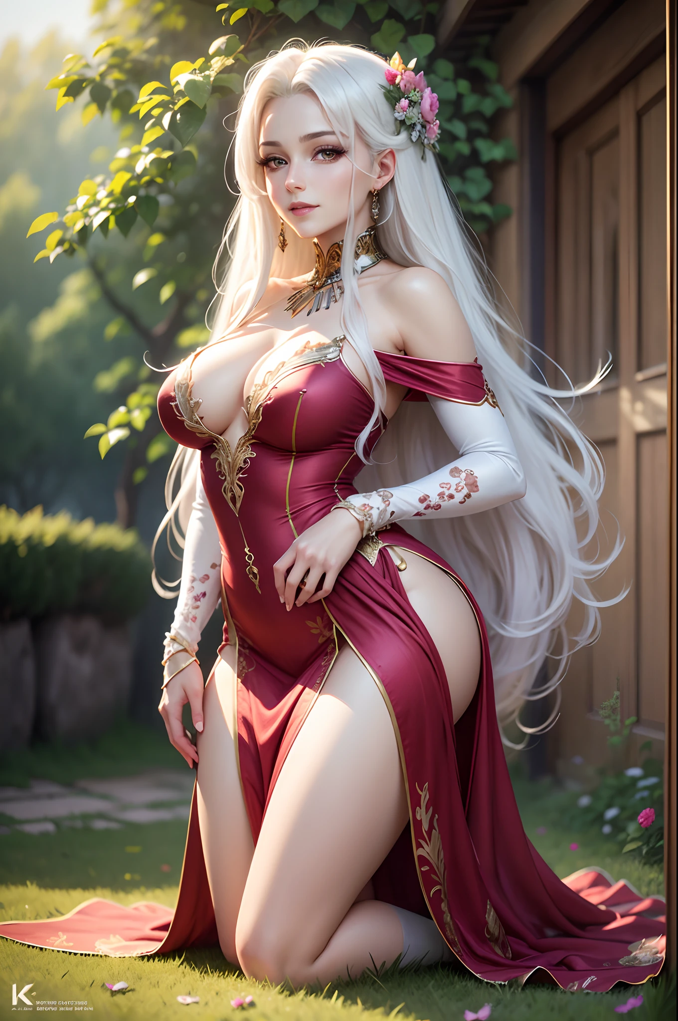 (best quality,4k,8k,highres,masterpiece:1.2),ultra-detailed,realistic:1.37,character:illyasviel von einzbern,female,beautiful detailed eyes,beautiful detailed lips,extremely detailed eyes and face,long eyelashes,mature adult,MILF with good curves,white hair,slender body,graceful posture,stunning outfit,red silk dress,flowing fabric, kneeling in a lush garden,lush green grass,colorful flowers,scenic background,soft natural lighting,vivid colors,painting-like quality,anime style,happy expression