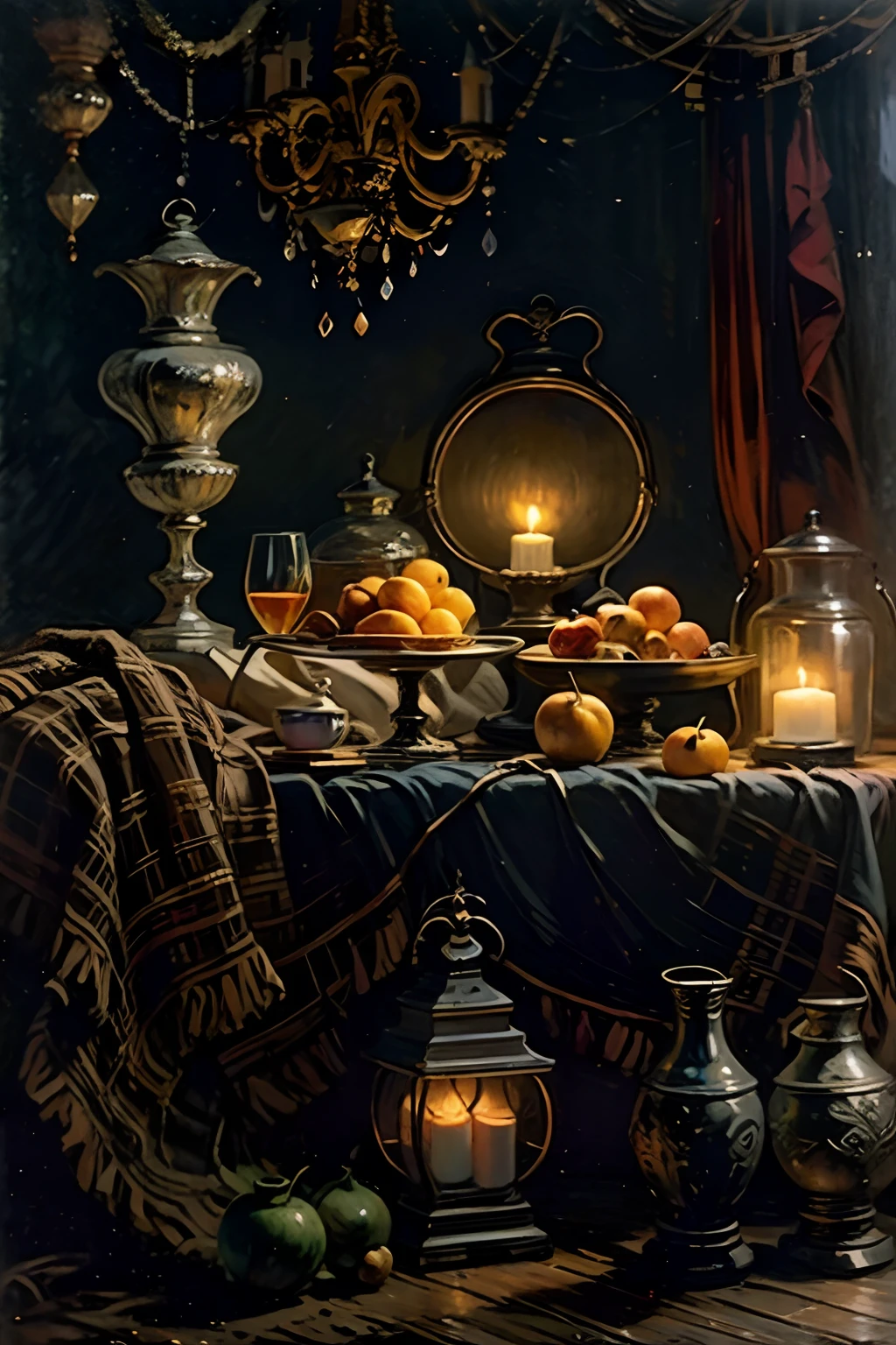 oil painting still life, in the historical interior environment, darkened room, cinematic lighting, contrast lighting, dark draped fabric, lanterns and candles, fruits