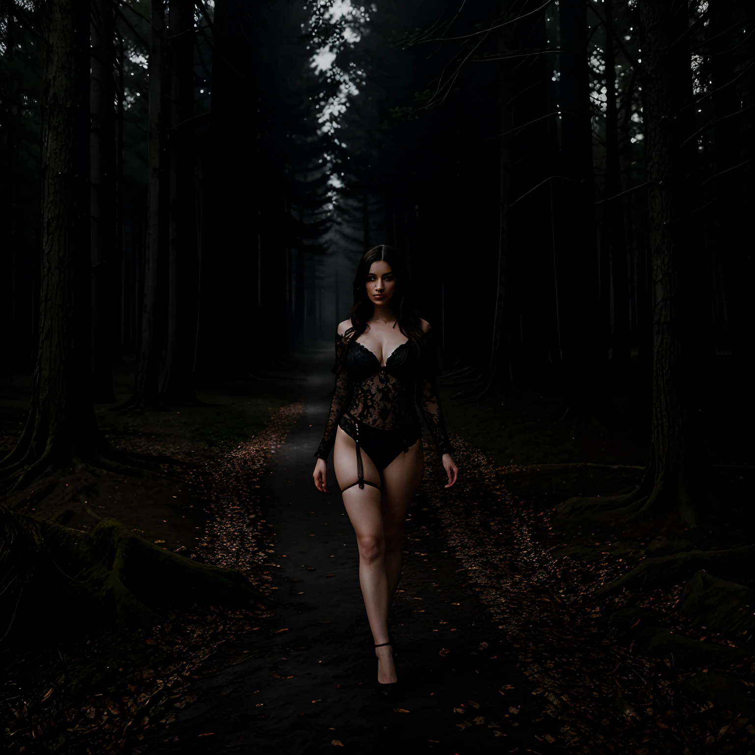 Full body photography of a stunning woman named Nicola, she is a lingerie model taking a sexy photoshoot, Nicola is approximately 5'4" with an athletic hourglass figure and full bust, today's photoshoot Nicola is a fearless influencer standing at the entrance of a haunted forest under a moonless, misty night. She's dressed in black lace lingerie, ready to venture into the eerie woods. The gnarled trees are shrouded in mist, their branches creating eerie silhouettes. Flickering lanterns hanging from the trees provide the only source of light, casting long, haunting shadows. The influencer's expression is a mix of curiosity and trepidation as she takes her first steps into the foreboding darkness. Capture the spine-chilling atmosphere of a haunted forest adventure. Intense look and makeup, smiling, looks into the camera, symmetrical eyes, symmetrical face, photorealistic, photography, path tracing, specular lighting, volumetric face light, path traced hair, visible shadows, intricate, elaborate, hyper realistic