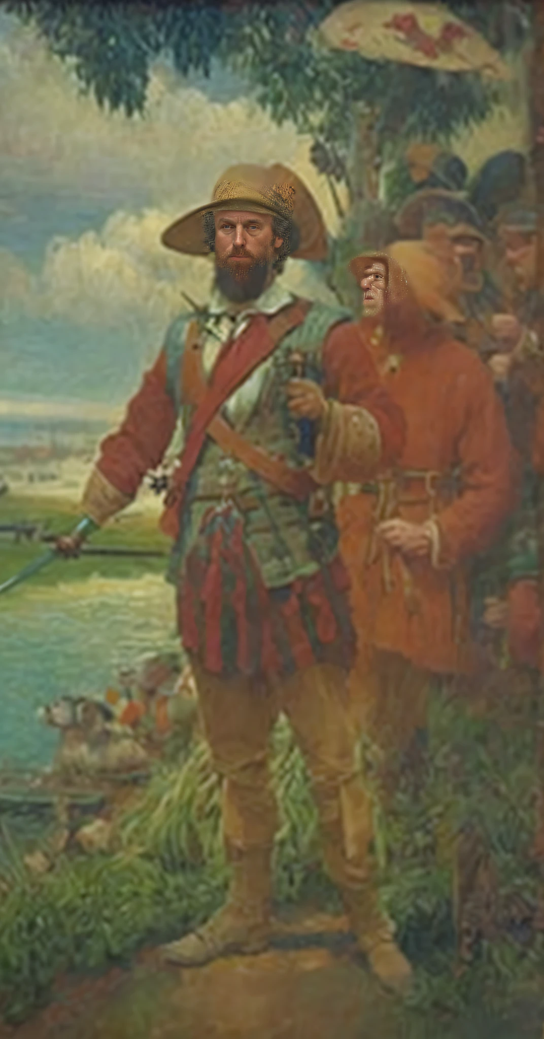Painting of a man in a red coat and hat holding a sword, Holman Hunt, j.Dickenson, j. Dickenson, inspirado em David Macbeth Sutherland, por Ford Madox Brown, NC Wyeth pintura, Directed by: Reynolds Beal, Directed by: William Holman Hunt, Hans Thoma, NC Wyeth, Gwyn, Ralph MacQuarrie, Arthur, transformar imagem em 3d