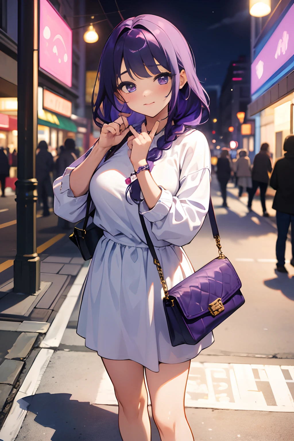 SFW, masterpiece, standing (woman 1), (((cute pose)), ((casual clothes))), purple, purple hair, cute blush, (city), wind, blush, ((milf)), night, (((busy street))), perfect hands, purse, braid