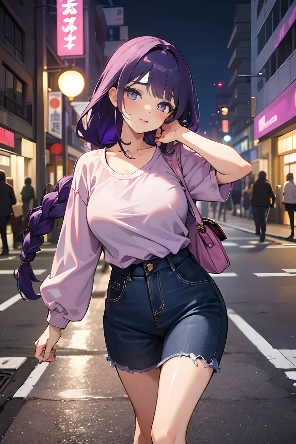 SFW, masterpiece, standing (woman 1), (((cute pose)), ((casual clothes))), purple,  purple hair, cute blush, (city), wind, blush, ((milf)), night, (((busy street))), perfect hands, purse, braid