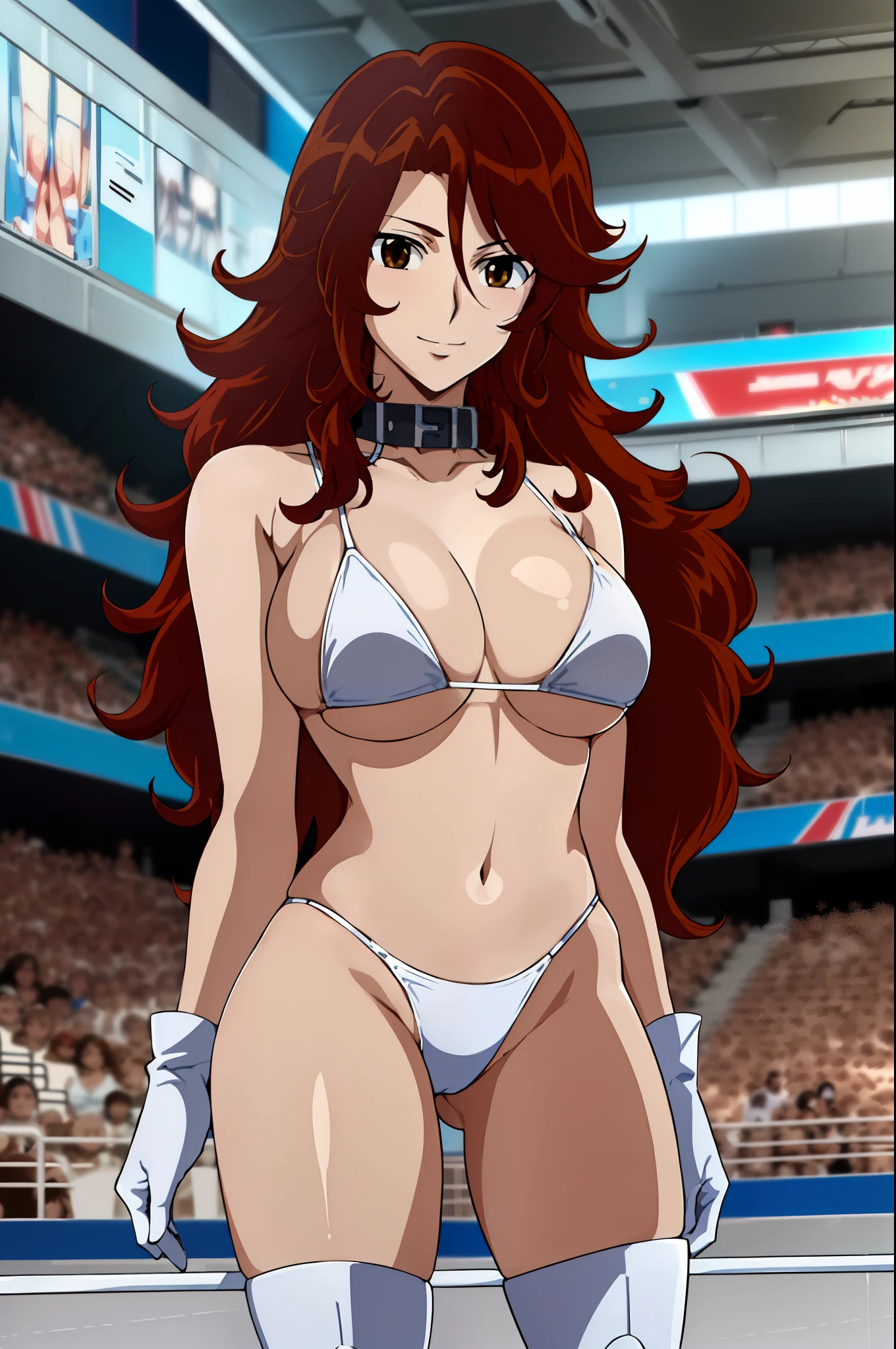 cowboy shot, upper body view, anime style: 1.8, anime drawing, ultra detailed face, ultra detailed body, 4k, Sumergai Lee Noriega, (standing), best quality, anime style, hires, highest definition, digital blending, bold drawing lines, ((slender body, female wrestler), (location: wrestling arena, crowds watching), (weak body, slender body, broad shoulders), ((white micro bikini, white boots, white gloves, collar)), victorious, winner, smile, , (big breasts), (big eyes, brown eyes), (warming up), (brown hair, loose hair, curly hair, wavy hair, long hair, missy hair), 27 years old,