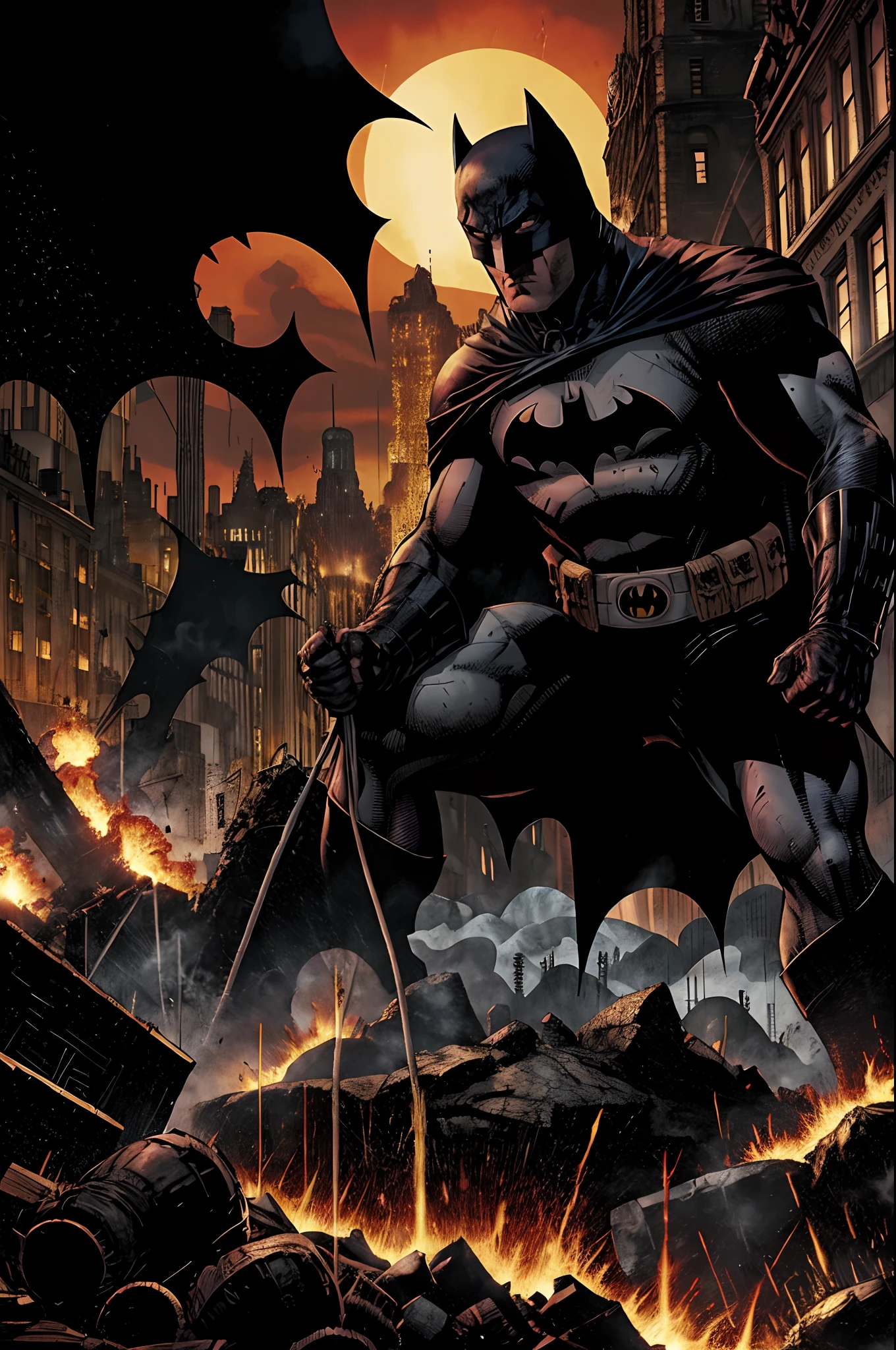 Hitler levsnta dos mortos e destroi Gotham city com bombas e raios, Batman punches hitler and starts the fight... sangue nas ruas e paredes, fig coming out of the ground ds Gotham, lots of volcano lava coming out of the ground