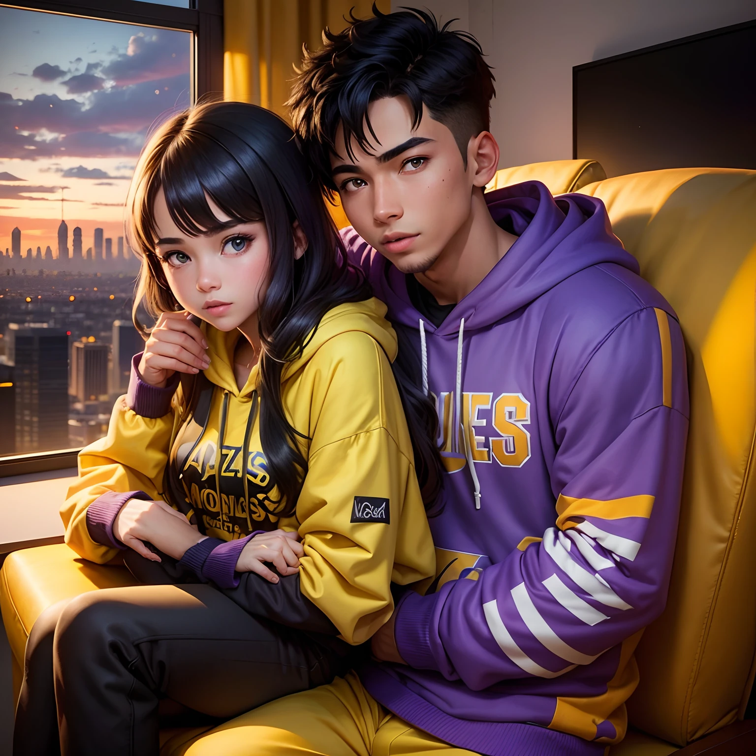 a picture of  a Boy gamer wearing a yellow and black hoodie His girlfriend is sitting in his hug and she is wearing a purple hoodie,on his gamaing penthouse and Los Angeles city view