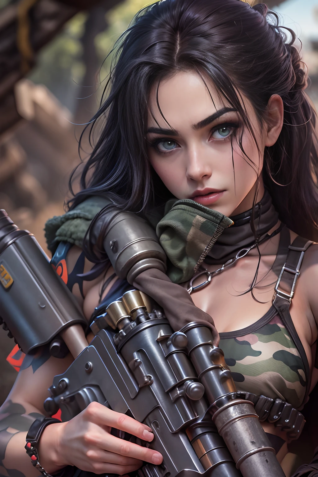 motor irreal:1.4,CG ultra realista 64K, fotorrealista:1.4, textura de la piel:1.4, top 1girl wearing bikini ,gatling gun, shell casing, looking at viewer, bangs, ammunition belt, gloves,saggy breasts,firing,In the picture, a beautiful girl wearing bikini with long hair with black messy hair appears，s delicate face，Wearing a bikini metal，standing on ruins，The action of a woman holding a heavy sniper rifle in her hand,clevage dress, army chain,background of war jet DSLR, F/2.8, 5D, 16k, Super-Resolution . realistic style, key visual, vibrant,, showing clevage, realistic, camouflage attire, a soldier, stripes of camouflage makeup on her face at a 45 degree angle, a tough broad,