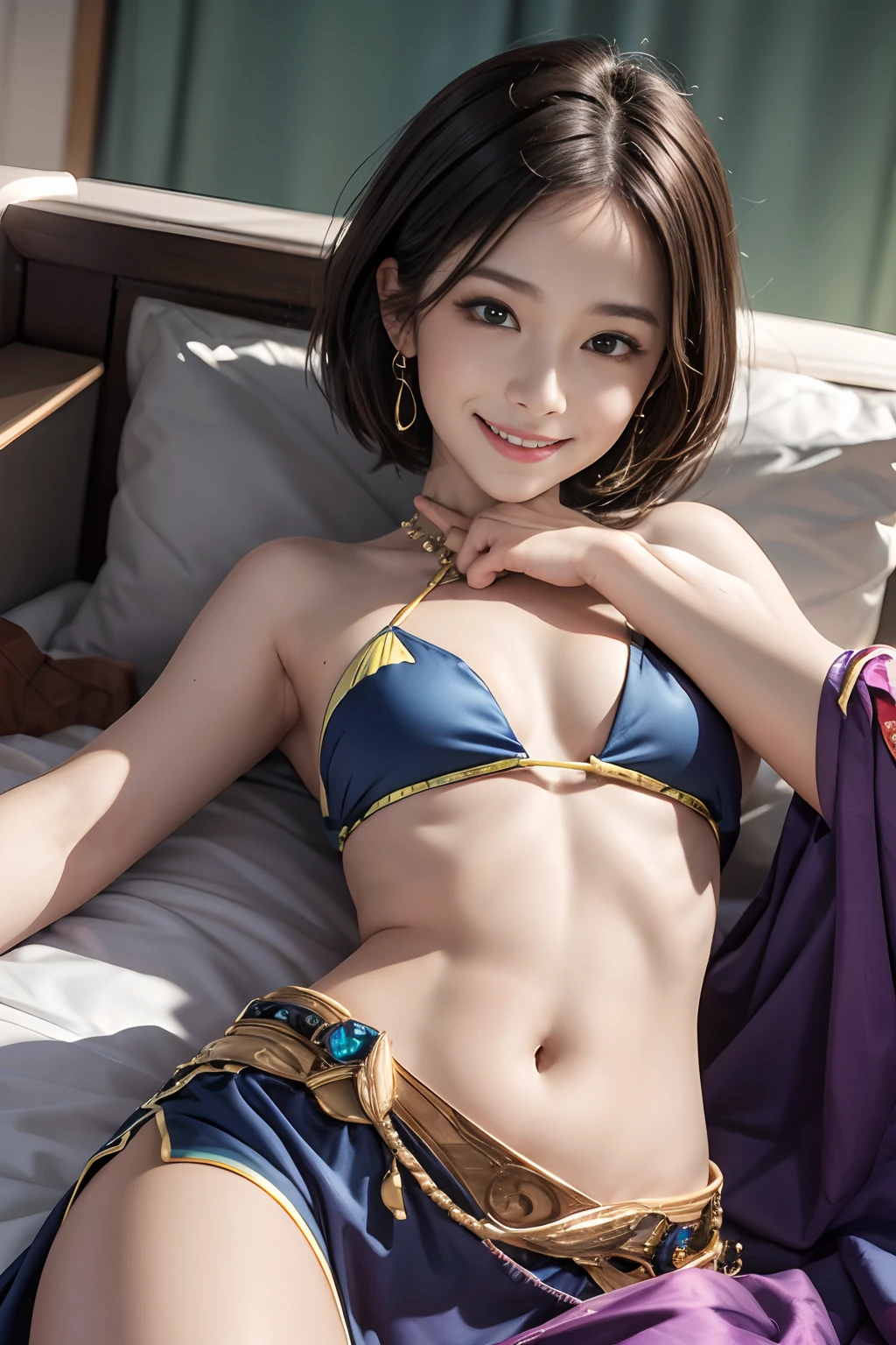 (((:1.3)))Smile full of happiness、((Looks happy:1.3))、During sexual、Panting face、Lacking、Sweating、Expression in a state of excitement、short-hair、eye glass、Photorealistic,High resolution,Soft light,1womanl,hips up high, Large breasts, Blue eyes, Expensive jewelry, Elegant and sexy fabric small green and purple and fluorescent yellow and pink traditional costume,Lie on your back on the bed with your crotch open
