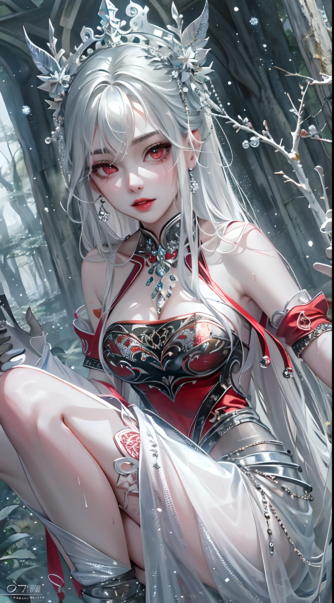 snowing forest, frozen forest, (masterpiece, top quality, best quality, official art, beautiful and aesthetic:1.2), (1girl:1.3), (fractal art:1.3), absurd, masterpiece, best quality, realistic, hyper-detailed, (shiny skin, sweaty:1.4), looking at viewer, slender, 1girl, solo, pure white sneakers, miniskirt, silver color straight long hair, princess cut, red eyes, (thick thighs:0.5), dynamic lighting, high resolution, sharp focus, depth of field, small , vampire,  masterpiece, best quality, ultra-detailed, illustration, ultra-detailed face, best quality face, evil, 24 years old, adult, 1girl, 24 years old,  no human, alchemy outfit, intricate detailed outfit, sexy po glowing red dress, cute, kawaii, digital art, finely detailed eyes, showing a delicate slim figure and graceful curves, (beautiful long legs:1.3), bend at the waist,