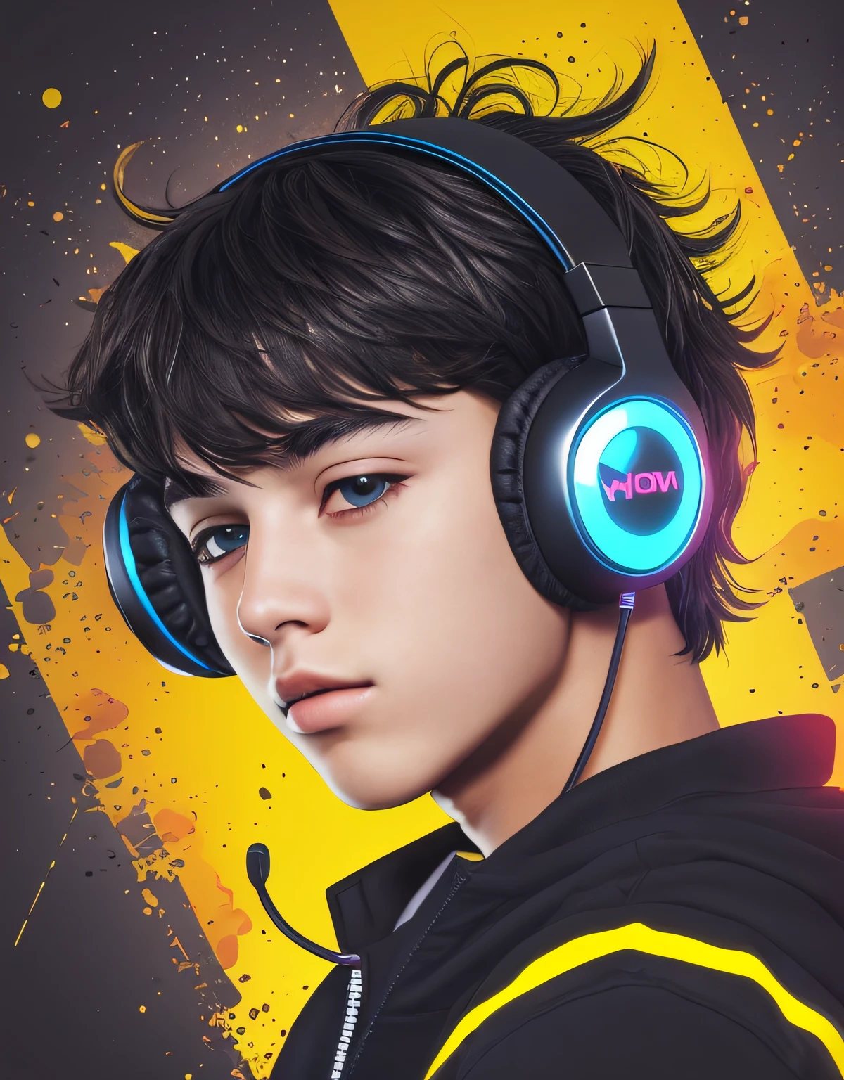 RAW, 500R, (masterpiece), best quality, explosion of colors, deep black background, young 1boy logo with gaming headset, vibrant style, high contrast, sharp details, accentuation in "young logo", emphasizing the design of the headset, professionalism, modern and cool appearance, neon effect.
