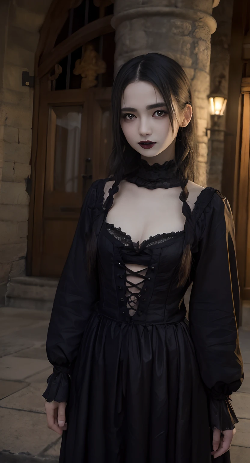(top-quality、​masterpiece:1.2)、Best Quality、realisitic、photoshot、hight resolution、1080p、8K、Textured skin、Physical Rendering、1 Japan Girls、High school students、kawaii、Young Face、Rolled hair、(gothic lorita:1.5)、standing in castle、Night、full of shyness、smil、Big