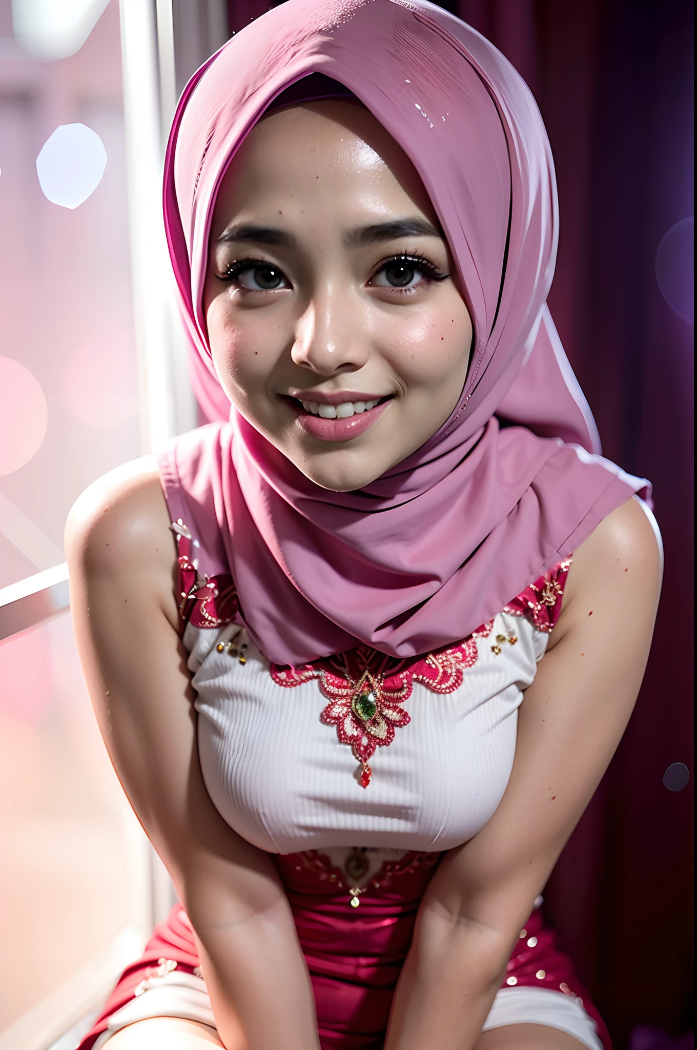 Portrait photo of a young malay girl, (laughing:0.7), (mira filzah face), malaysian, posing, look at a camera, pastel pink hijab,pastel pink bra, bra exposed, complex city background, backlit, (cinematic:1.5), epic realistic, hyperdetailed, detailed skin texture, mole below eye, insane details, intricate details, accent lighting, soft volumetric light, bokeh, (dramatic light:1.2), (neutral colors:1.3), cross process, night background.