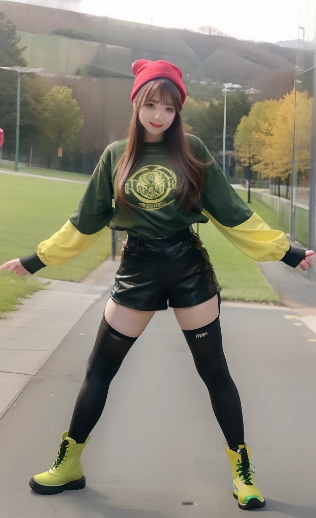 infp young woman、large full breasts、beautiful foot、、Light Yellow Tops、Good Style、long boots、Green Line Tights、Shorts、Red hat、