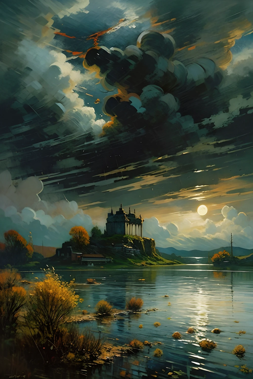oil painting landscape, cinematic lighting, soft lighting, autumn storm weather, black clouds, rain, dramatic lighting, dragon flying in the sky