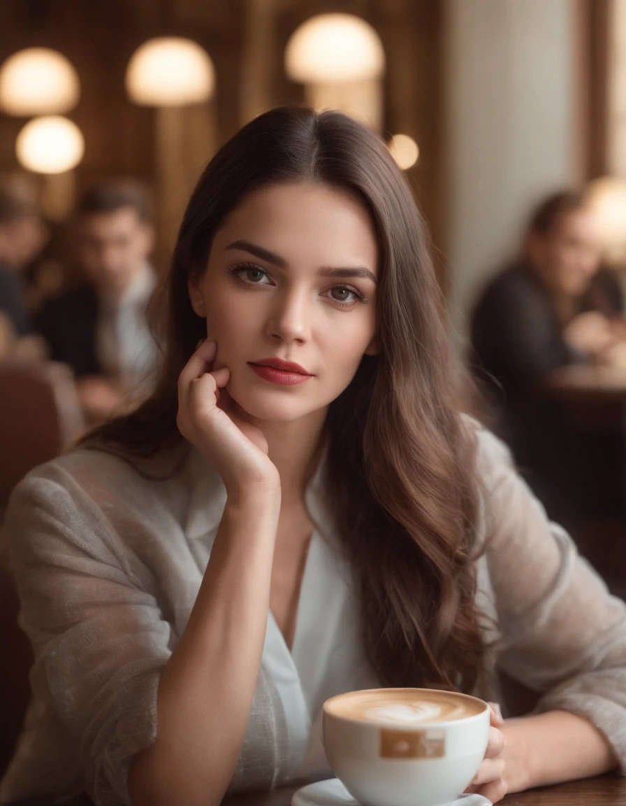 Fashion of the 2010s, Primer plano medio, Canon EF 85mm f/1.2L II USM, A woman is sitting with her coffee in a restaurant，（Pon tus manos debajo de la mesa）， con una chaqueta negra y labios rojos, Emphasis on facial expression, Moda callejera