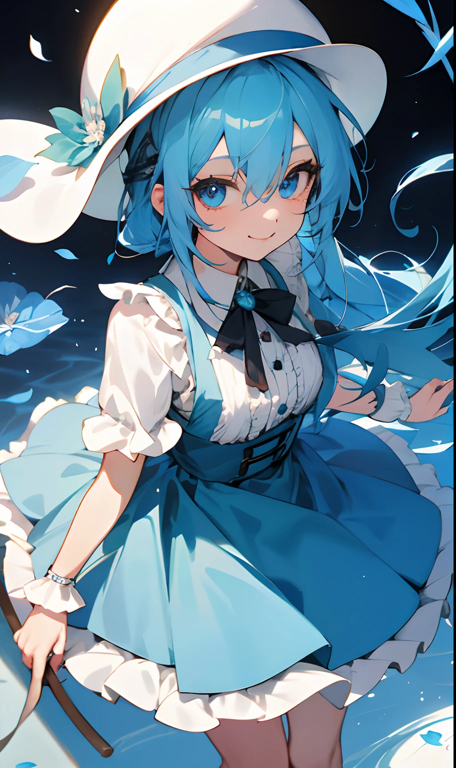 femele, kind, funny, Beautiful, looking after, Long blue hair, a smile、Dressed in light blue, Blue eyeball、Ephemeral atmosphere、Petals are waiting、Leprechaun