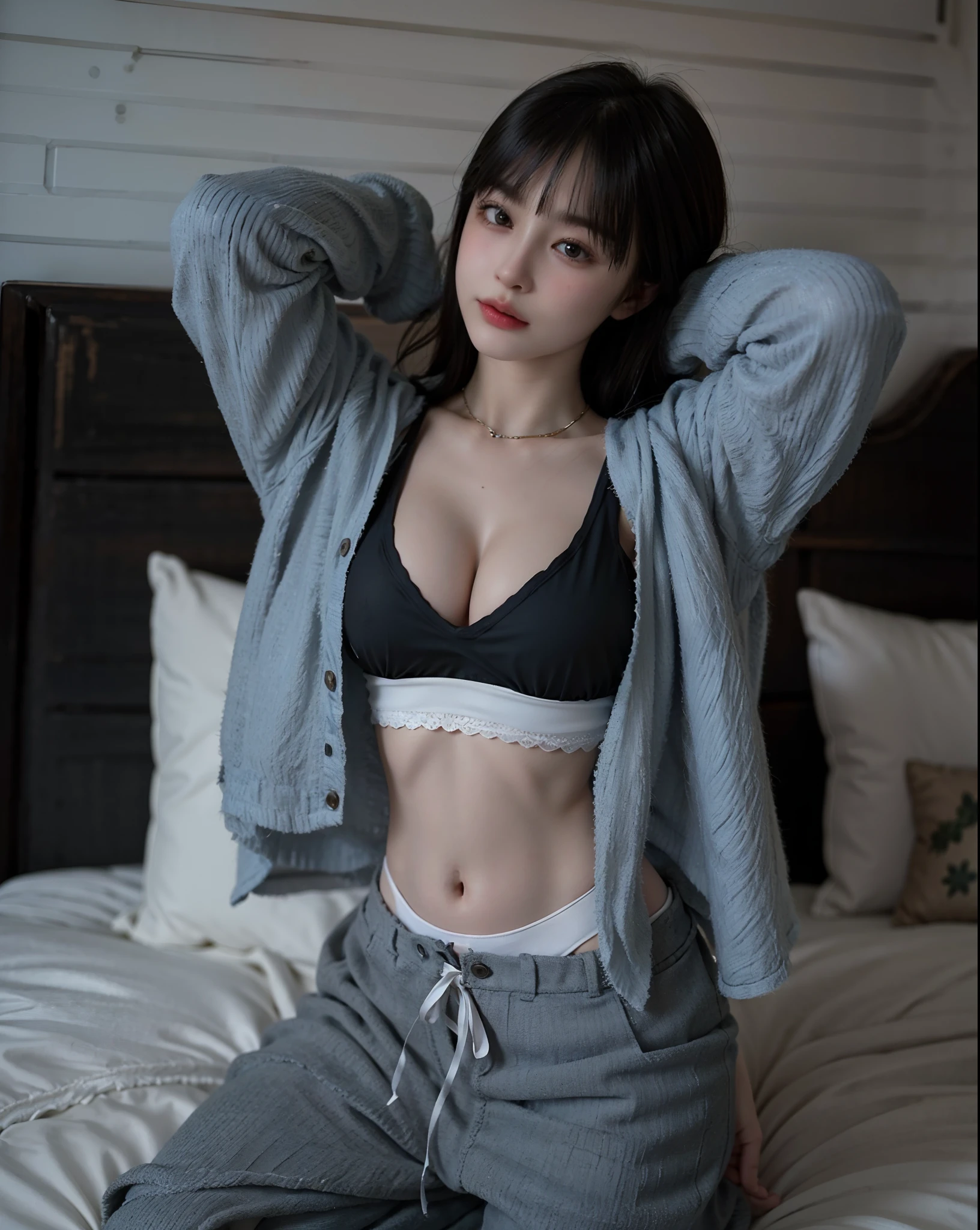 (8k, RAW photo, best quality, masterpiece:1.2), yjnn, 1girl, 3d, asian, bangs, bare_shoulders, bow, bra, breasts, brown_eyes, brown_hair, cleavage, grey_background, lips, long_hair, long_sleeves, looking_at_viewer, medium_breasts, navel, nose, off_shoulder, open_clothes, open_shirt, panties, realistic, shirt, solo, stomach, underwear, undressing, upper_body, white_bra, white_panties, white_shirt,Shiny skin, beautiful delicate face, beautiful delicate eyes ,(realistic, photo realistic:1),Lie down on the bed