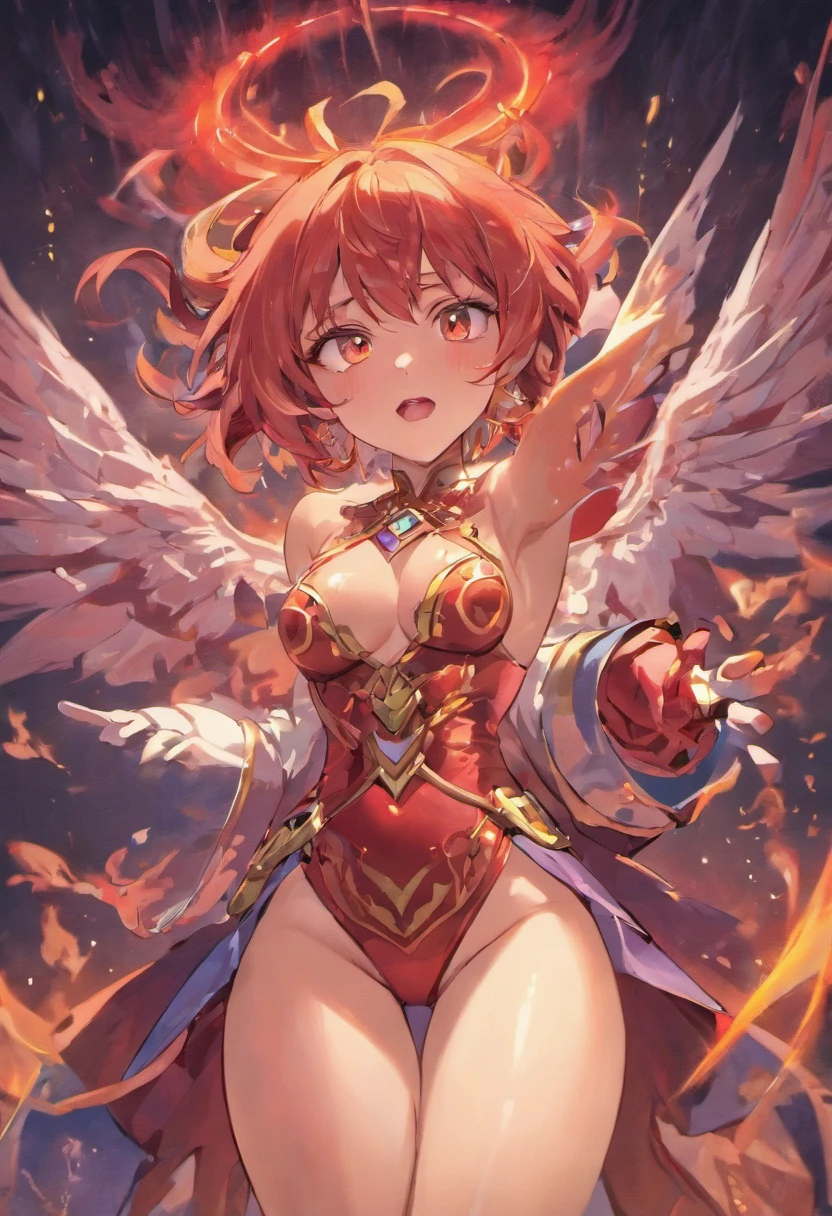 (masterpiece, best quality:1.3) WowAlexstrasza, 1girl, solo, long hair, breasts, looking at viewer, red eyes, thighhighs, gloves, jewelry, huge breasts, thighs, earrings, horns, sky, day, elbow gloves, cloud, armor, blue sky, lips, orange eyes, glowing, thick thighs, looking down, from below, glowing eyes, pelvic curtain, colored sclera, dragon horns, dragon girl, horn ornament, dragoness, nipples, vagina