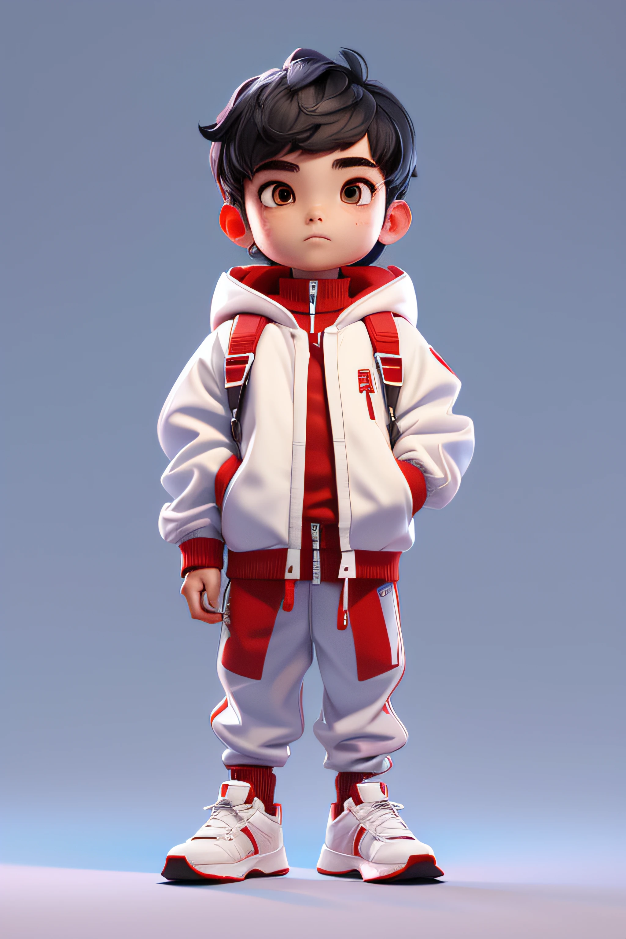 3dcharacter,1boy, bangss, Black hair, Brown eyes, Red training pants, White Jacket, Backpacks, (s whole body:1.2),Simple background, Masterpiece,Best Quality,(Blule gradient background:1.1)