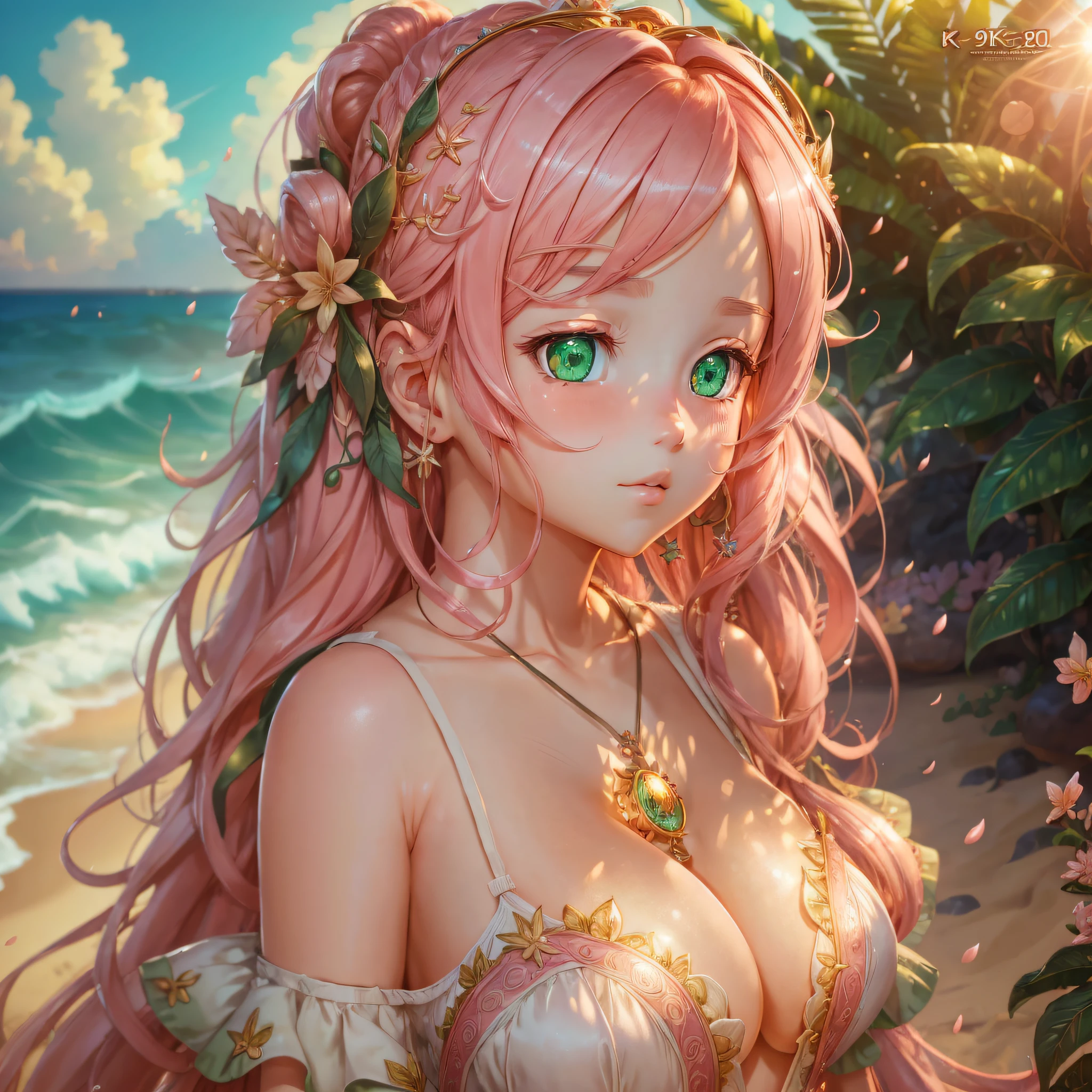 (extremely detailed CG unit 8k wallpaper, masterpiece, best quality, ultra detailed), best quality, child, pink hair, long hair, green eyes, house, Beach clothes, sun shining, bright skin, sun flash, cleavage