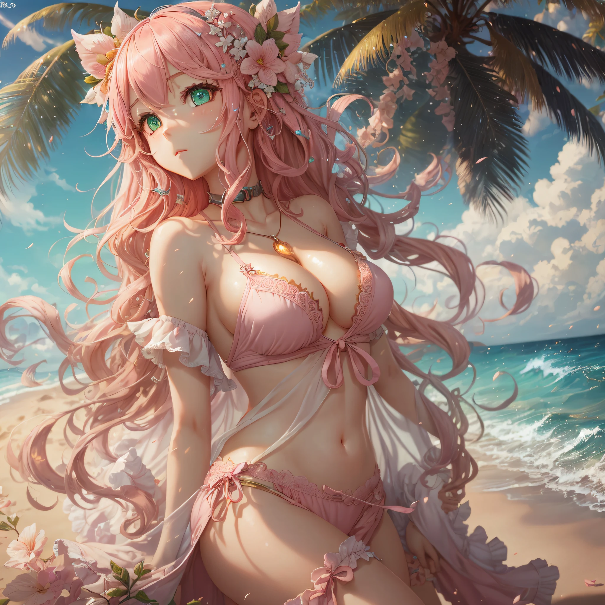 (extremely detailed CG unit 8k wallpaper, masterpiece, best quality, ultra detailed), best quality, child, pink hair, long hair, green eyes, house, Beach clothes, sun shining, bright skin, sun flash, cleavage