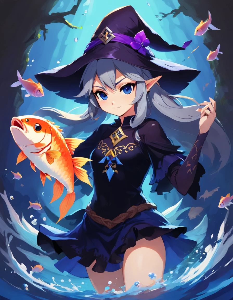 Dark witch, black cat, fish, (highres, best quality:1.2), radiance, soft contours,