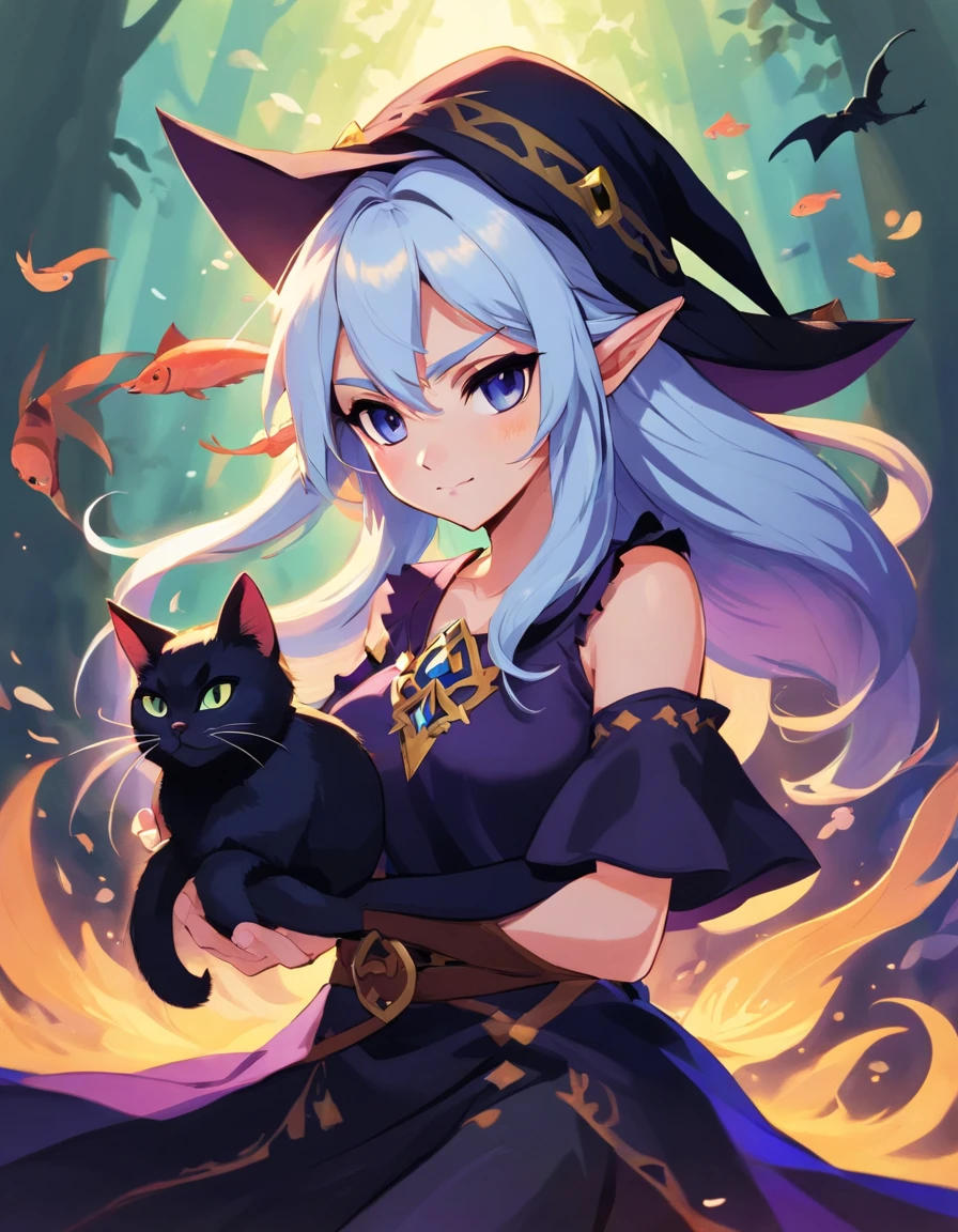 Dark witch, black cat, fish,    (highres, best quality:1.2), radiance, soft contours,
