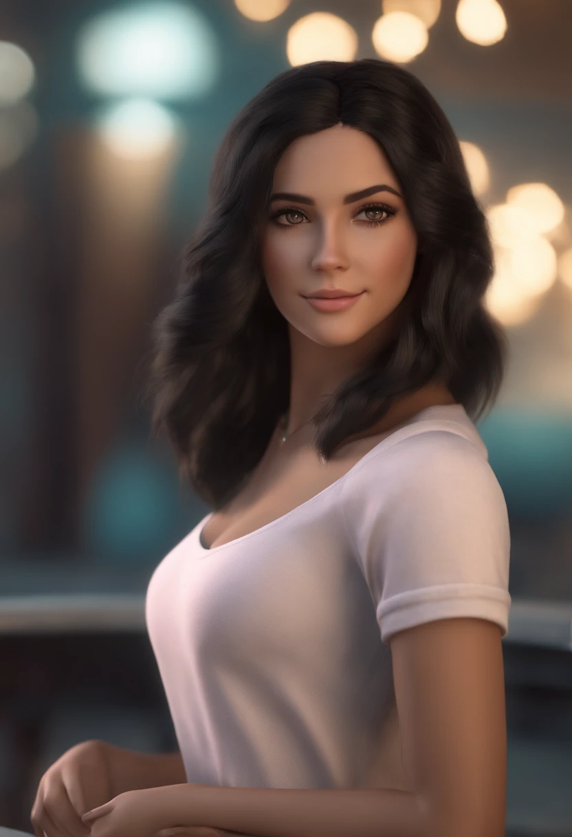 American girl of 18, video gamer, wearing translucent short T-shirt, black hair, ((blush: 0.8)), natural skin texture, 4K textures, highly detailed, insane details, faint colors , ((long wavy hair)), ((smile on face: 0.4)), (no panties: 0.2), ((looking directly at the camera)), ((tilted head: 0.8 )), ((lagre breasts:1)). xxl